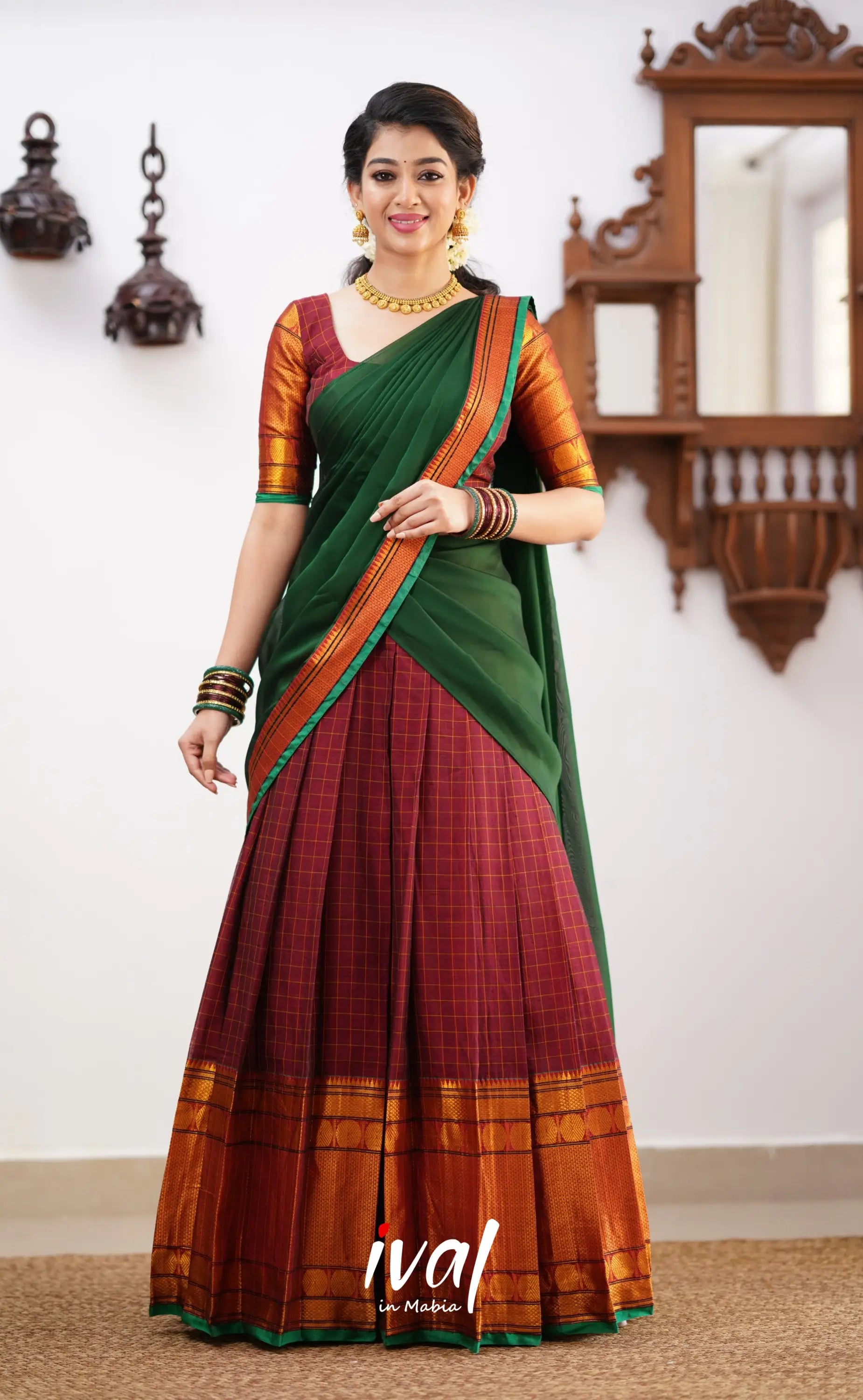 Padmaja - Green Tone And Shade Of Maroon Cotton Halfsaree Half Sarees