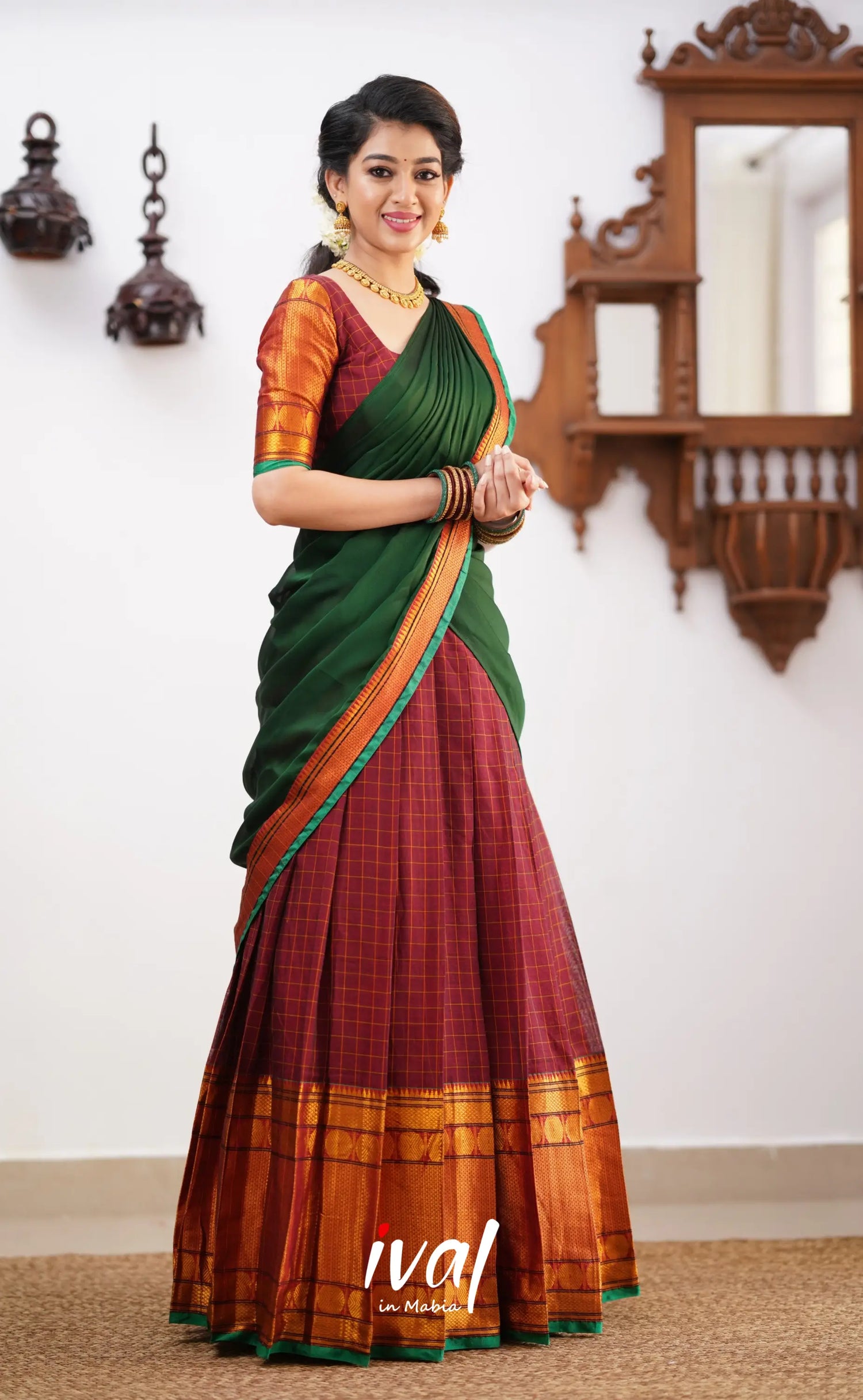 Padmaja - Green Tone And Shade Of Maroon Cotton Halfsaree Half Sarees