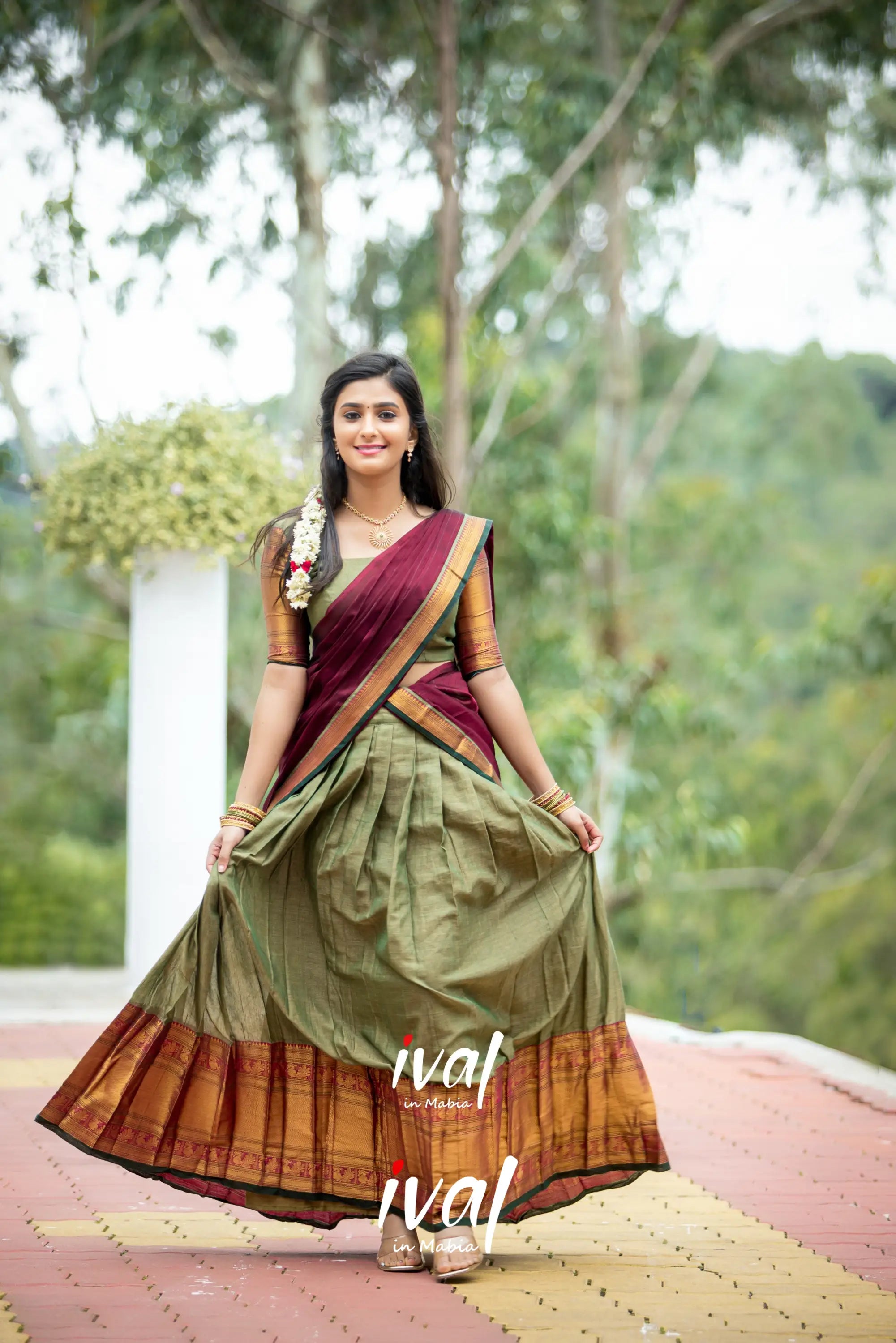 Saatvika - Light Olive Green And Maroon Cotton Halfsaree Half Sarees