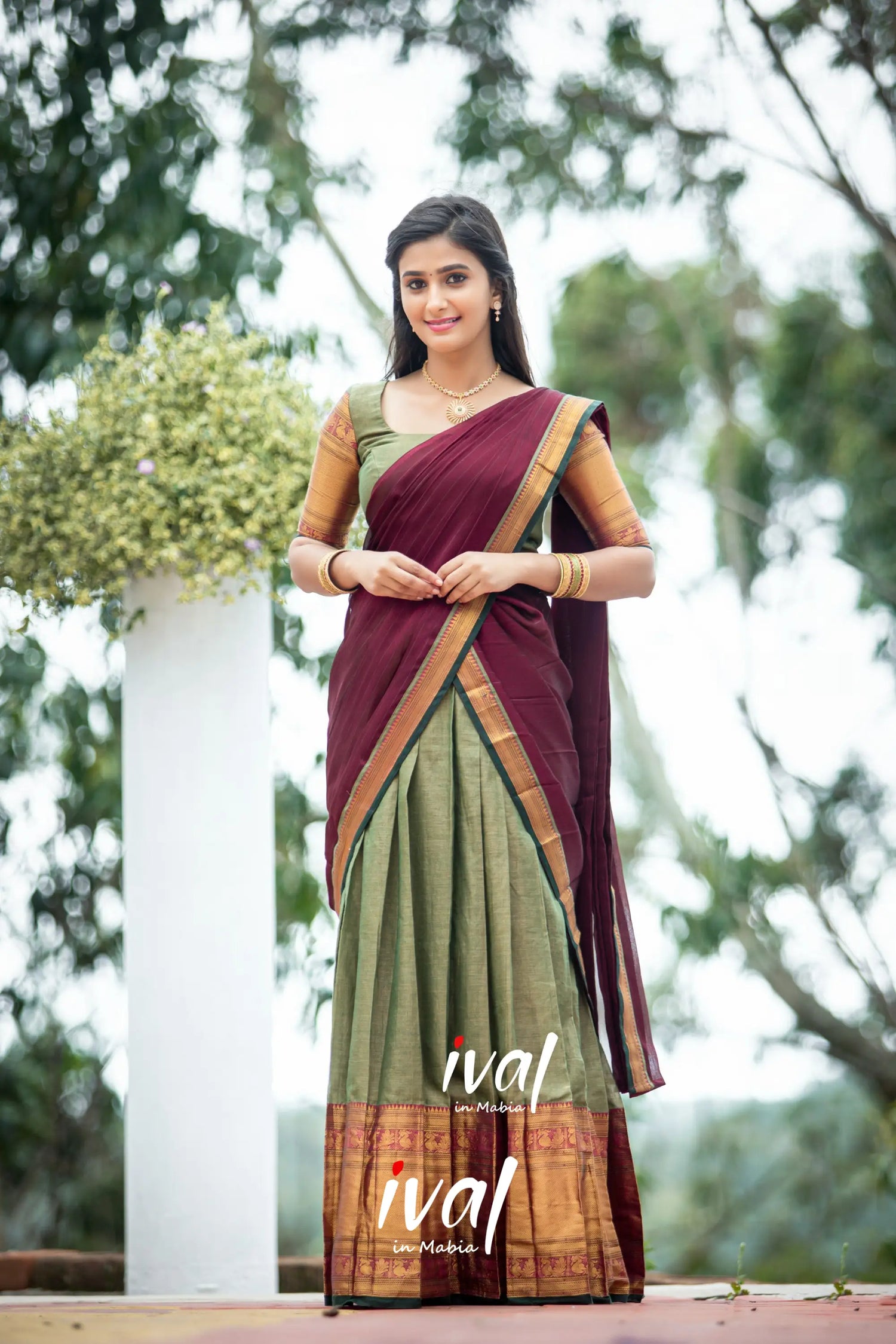 Saatvika - Light Olive Green And Maroon Cotton Halfsaree Half Sarees