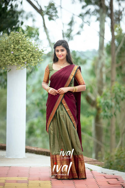 Saatvika - Light Olive Green And Maroon Cotton Halfsaree Half Sarees