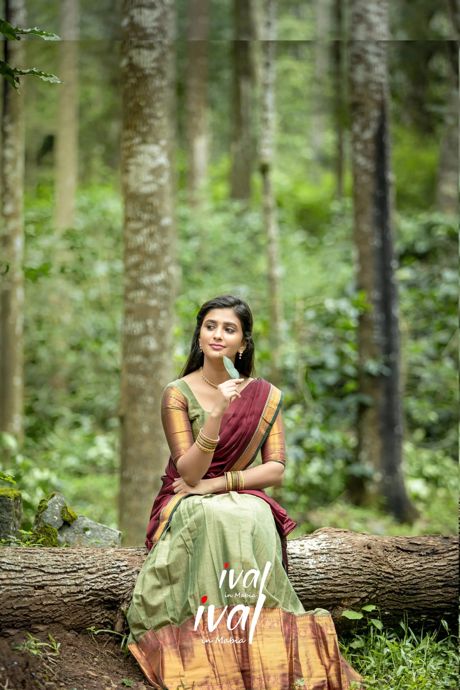 Saatvika - Light Olive Green And Maroon Cotton Halfsaree Half Sarees