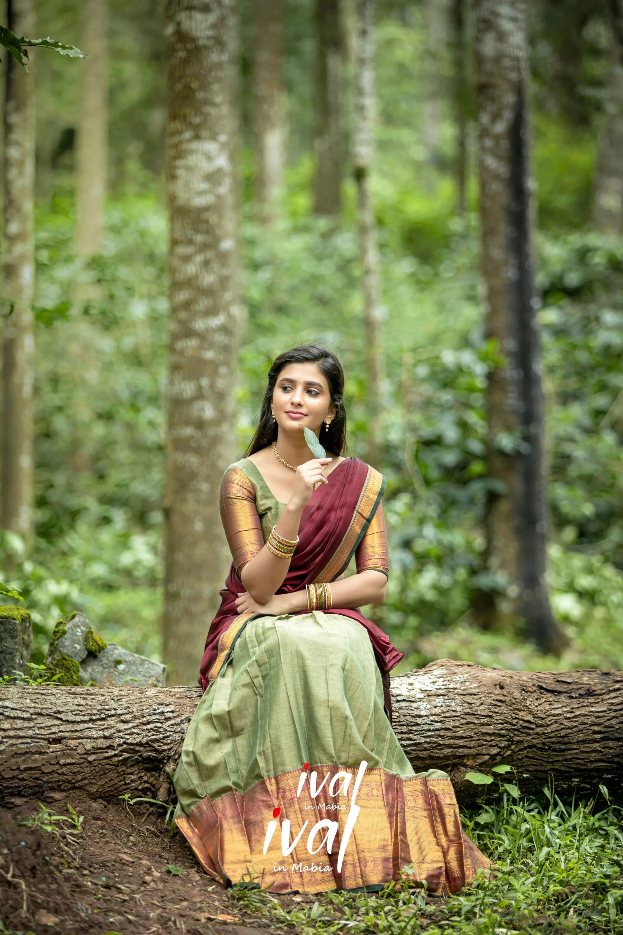 Saatvika - Light Olive Green And Maroon Cotton Halfsaree Half Sarees