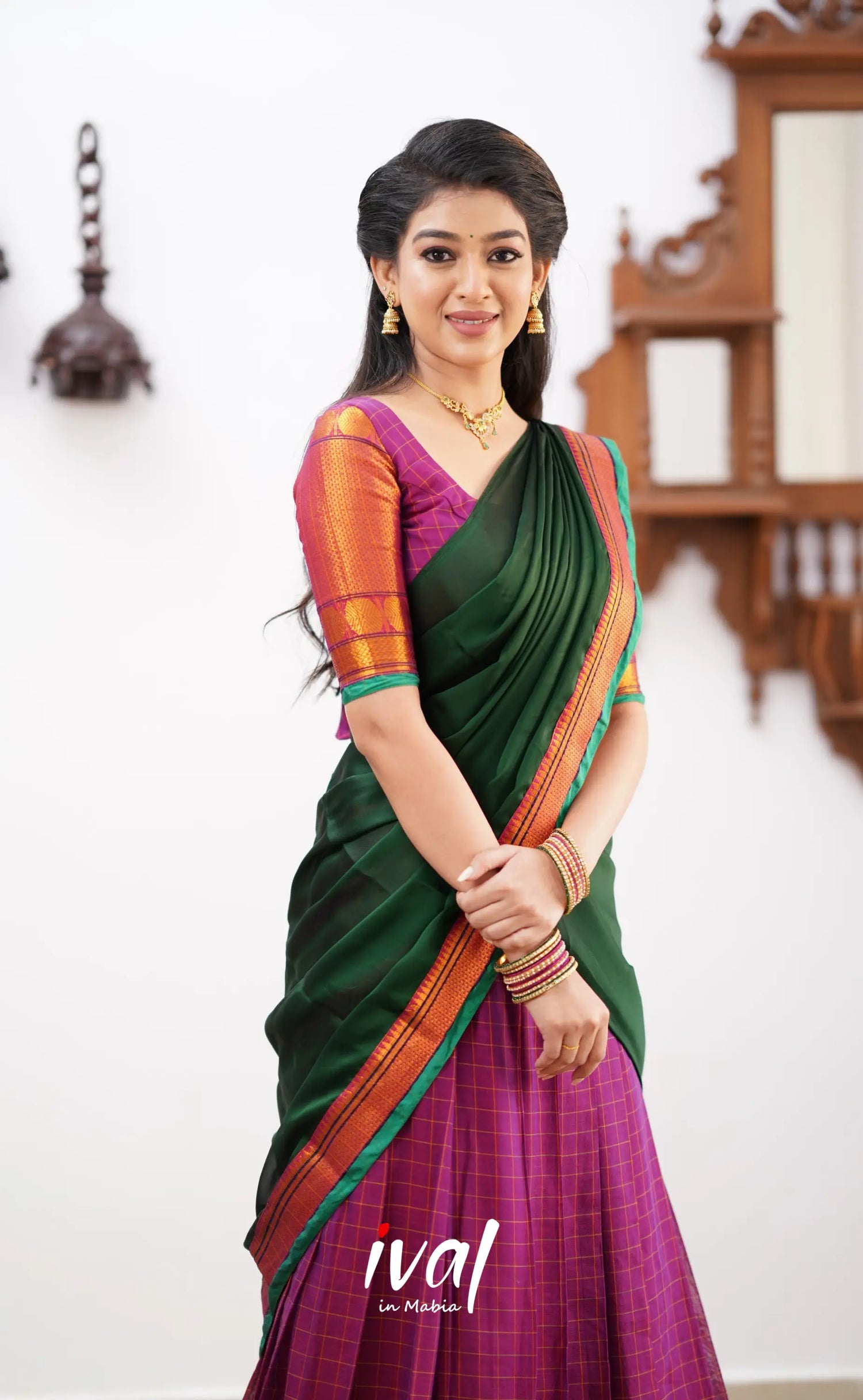 Padmaja - Magenta Shade And Green Tone Cotton Halfsaree Half Sarees