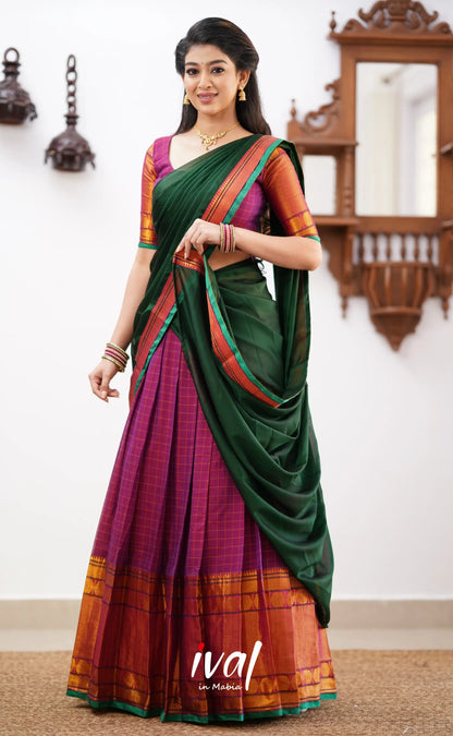 Padmaja - Magenta Shade And Green Tone Cotton Halfsaree Half Sarees