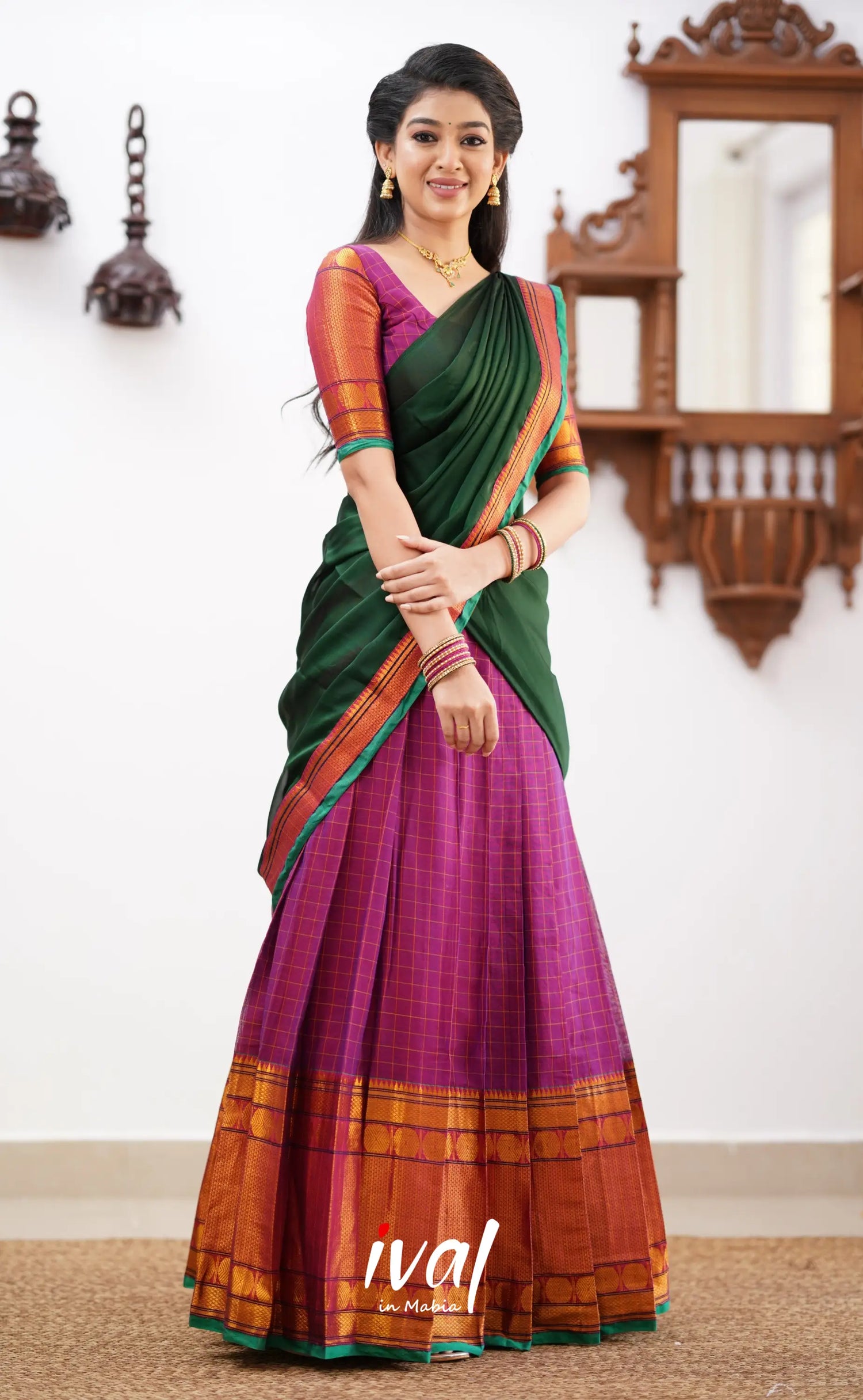 Saatvika Magenta shade and Green tone Cotton Halfsaree – Ivalinmabia
