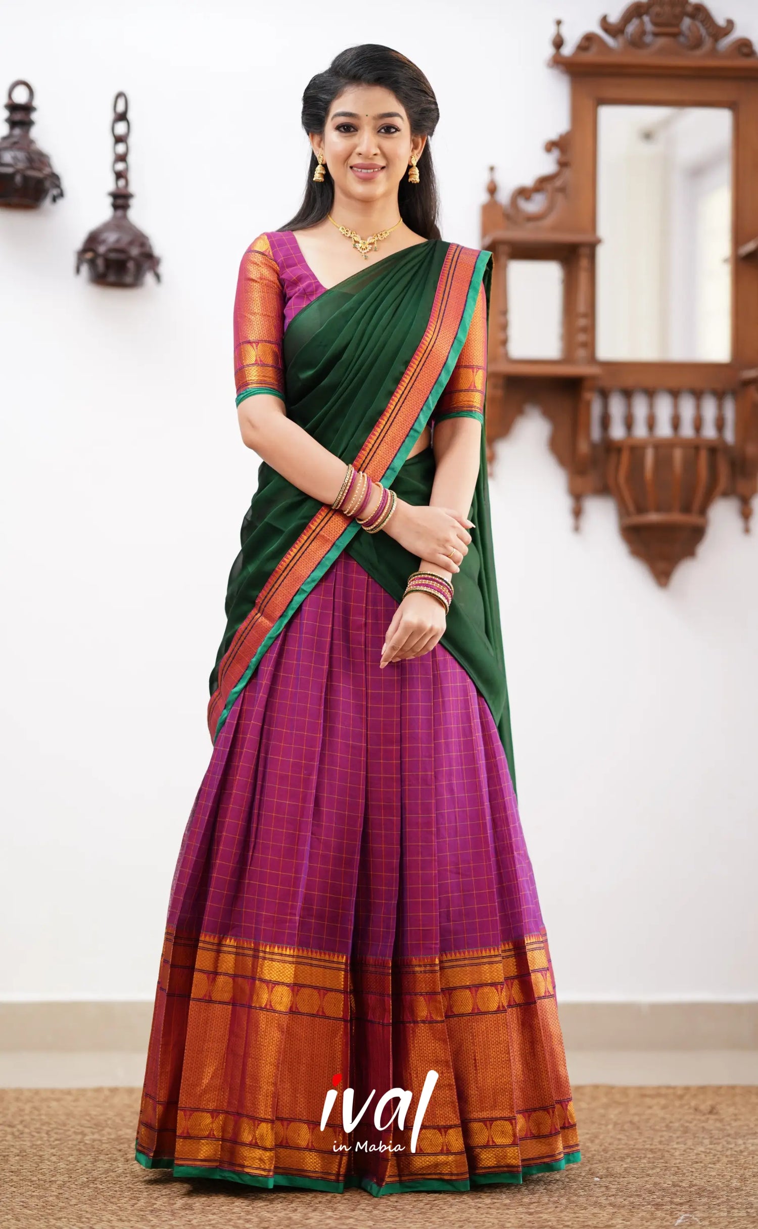 Padmaja - Magenta Shade And Green Tone Cotton Halfsaree Half Sarees