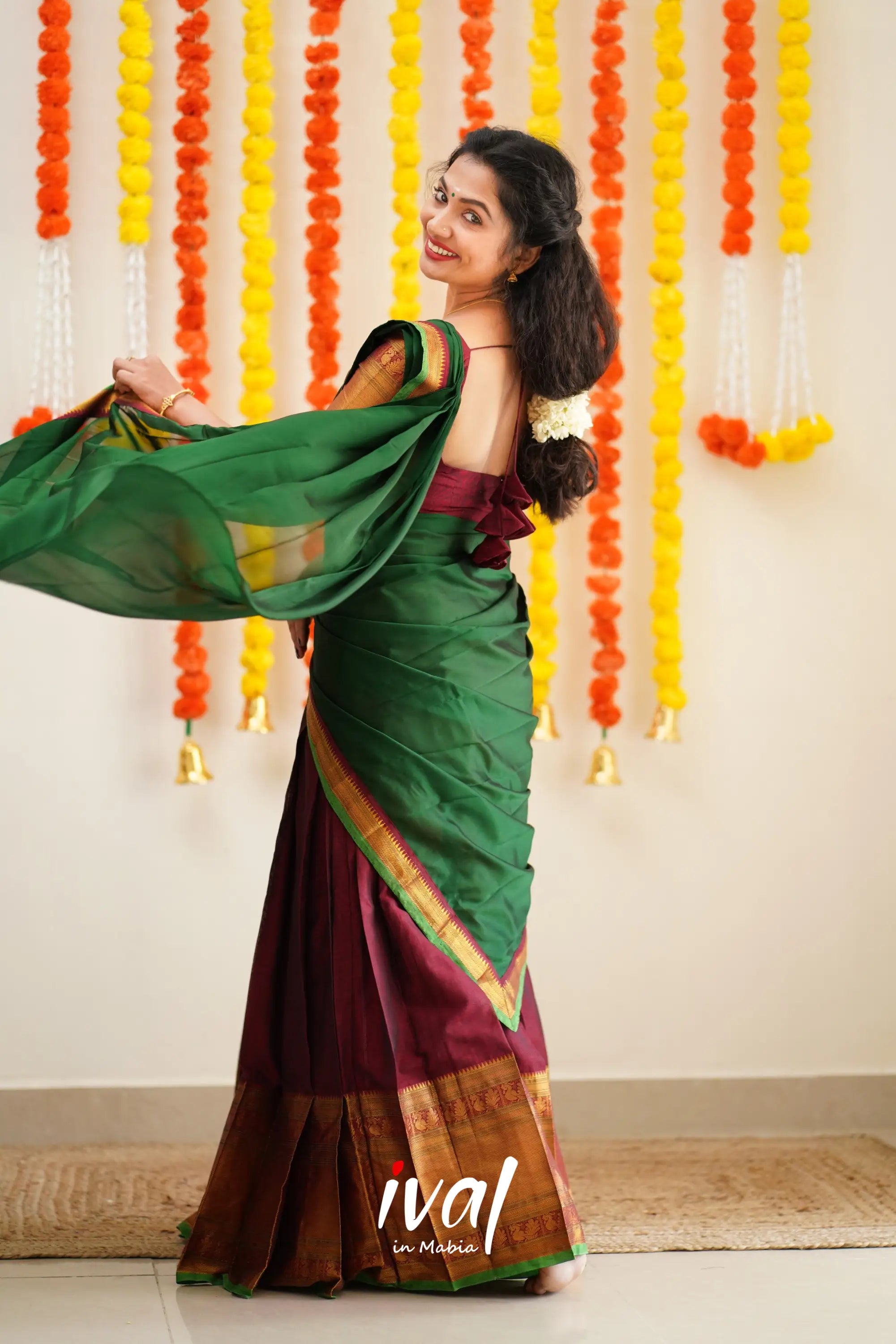 Saatvika - Maroon And Bottle Green Cotton Halfsaree Half Sarees