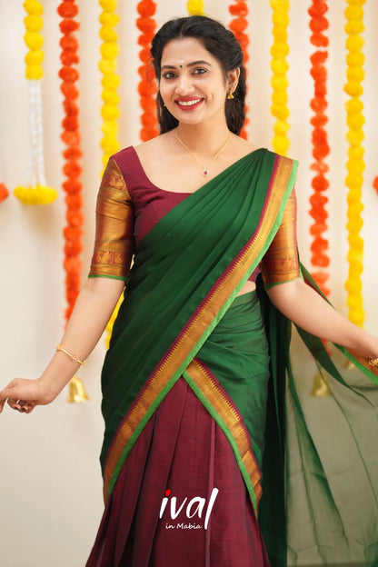 Saatvika - Maroon And Bottle Green Cotton Halfsaree Half Sarees