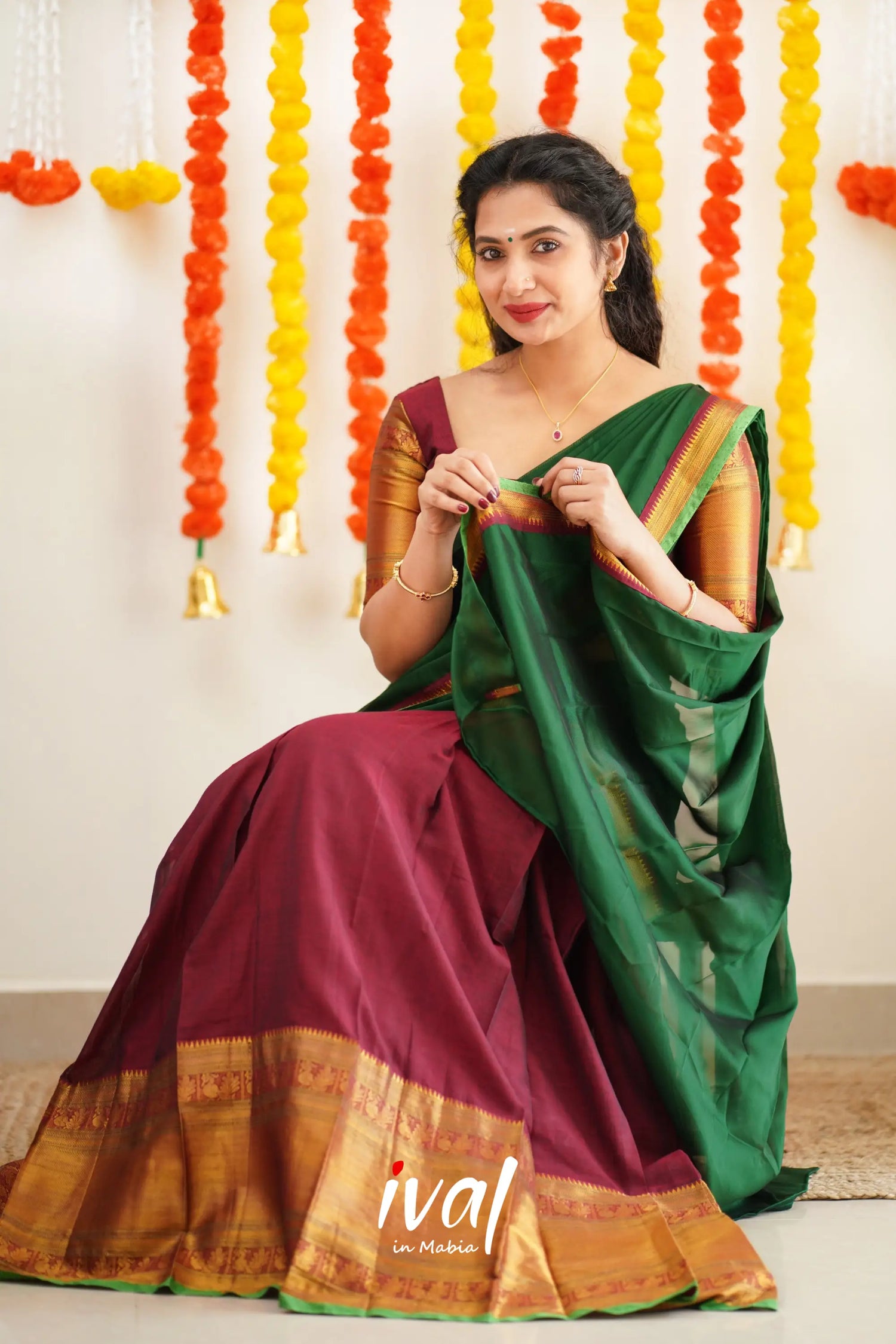 Saatvika - Maroon And Bottle Green Cotton Halfsaree Half Sarees