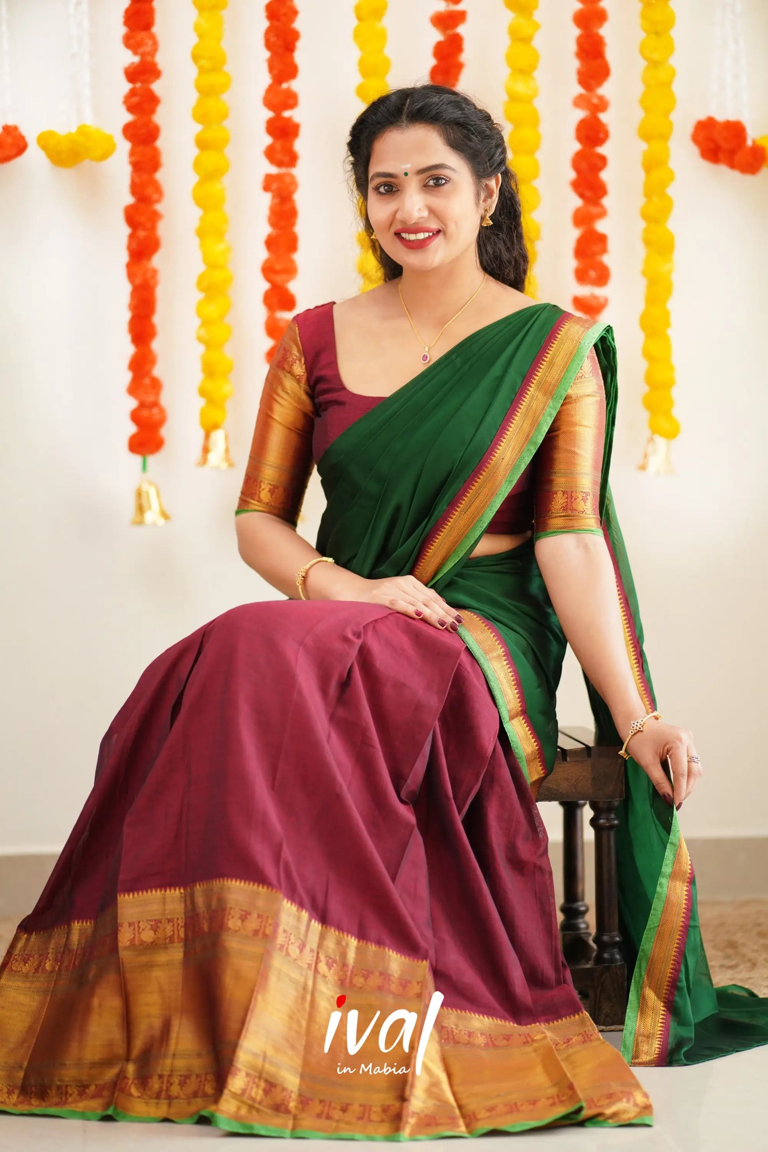 Saatvika - Maroon And Bottle Green Cotton Halfsaree Half Sarees