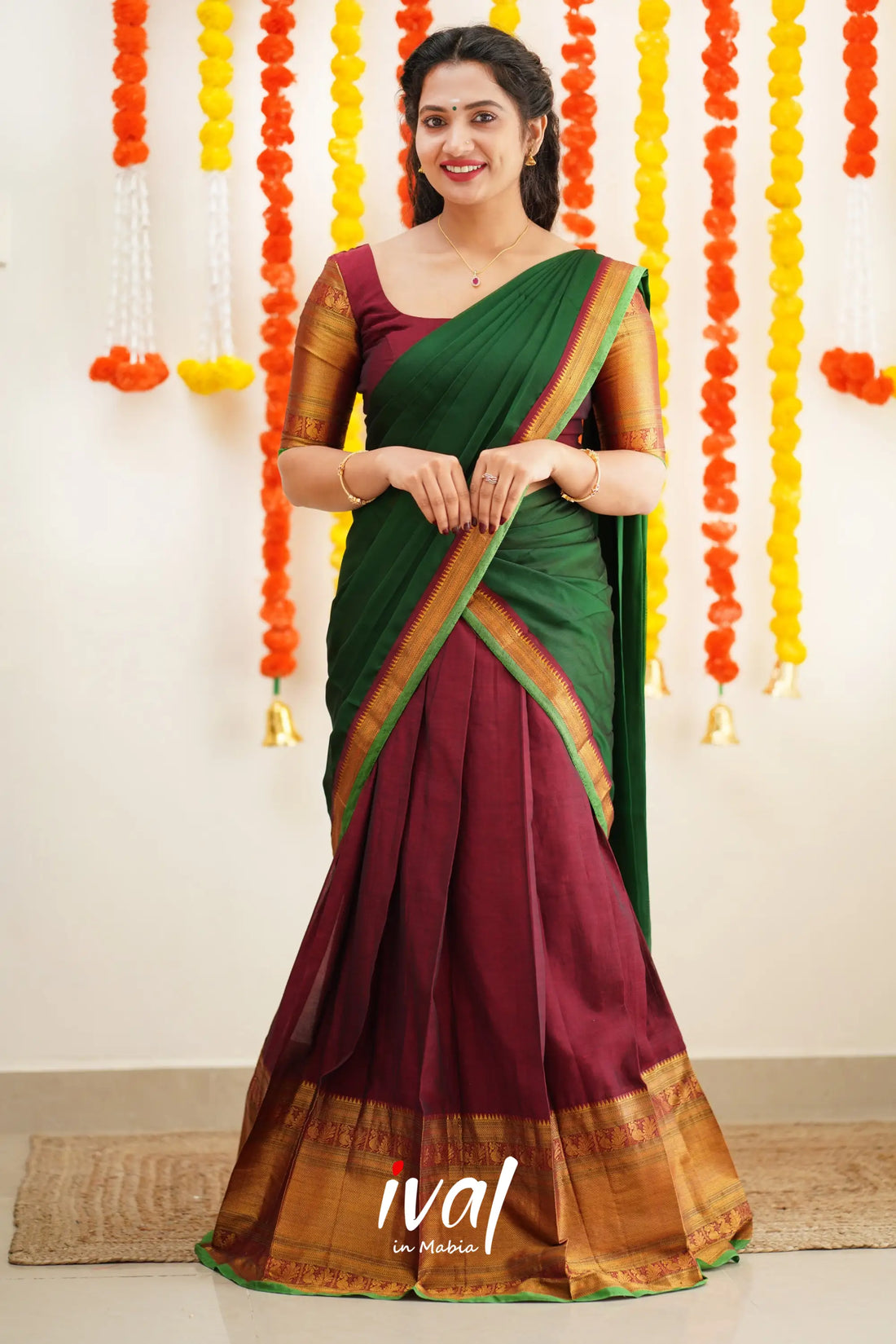 Saatvika - Maroon And Bottle Green Cotton Halfsaree Half Sarees