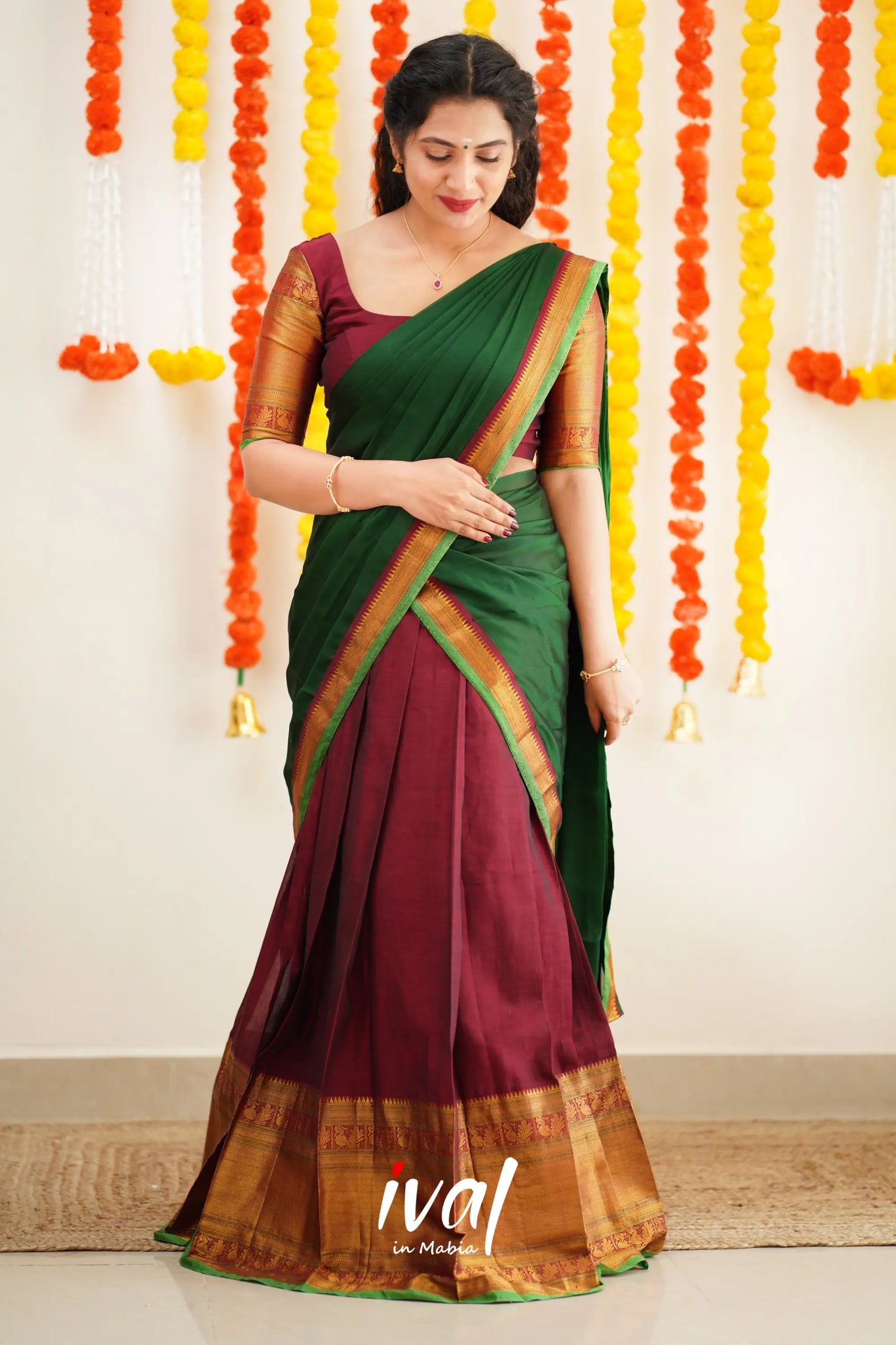 Saatvika - Maroon and Bottle Green Cotton Halfsaree S Saatvika - Maroon and Bottle Green Cotton Halfsaree S