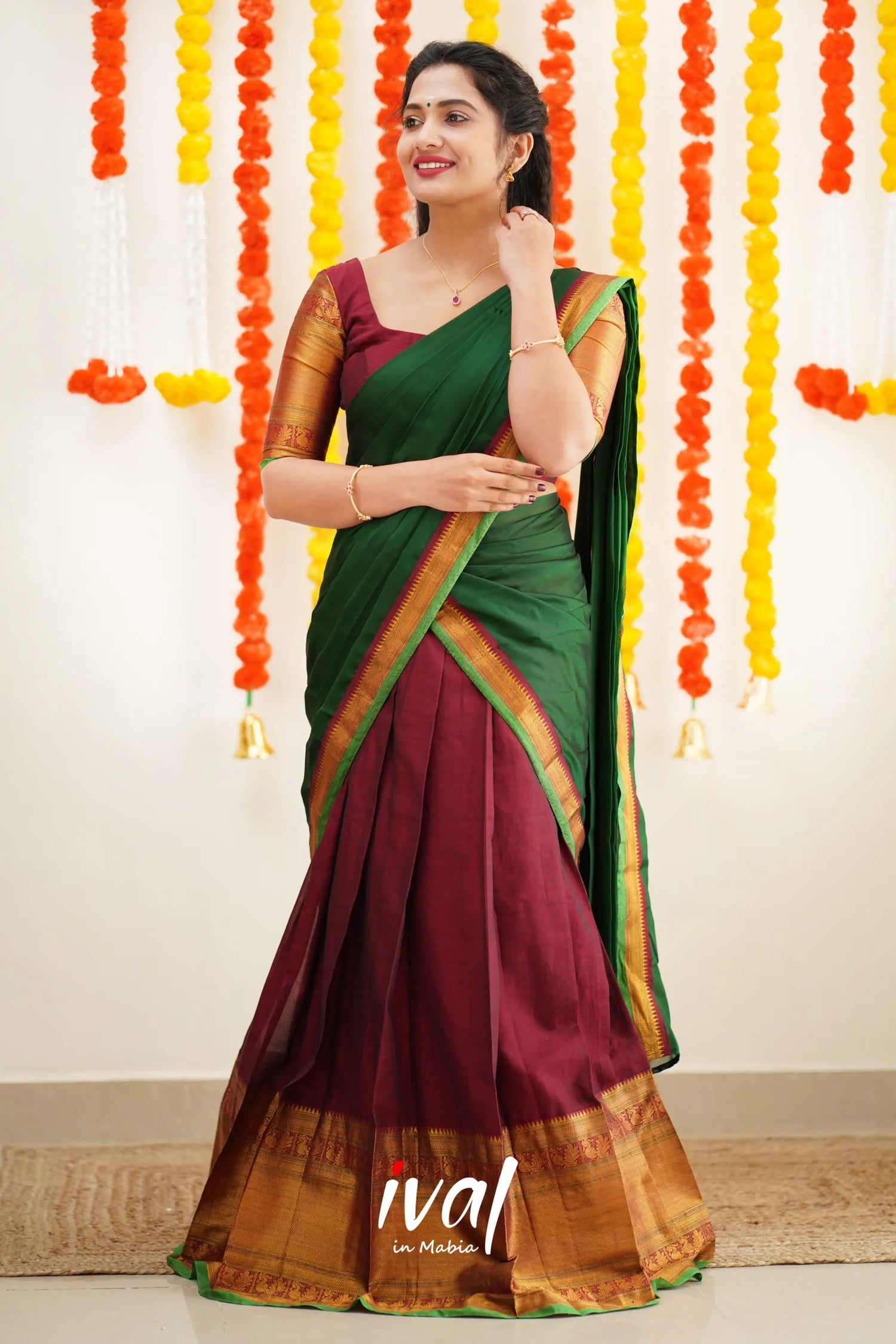 Saatvika - Maroon And Bottle Green Cotton Halfsaree Half Sarees