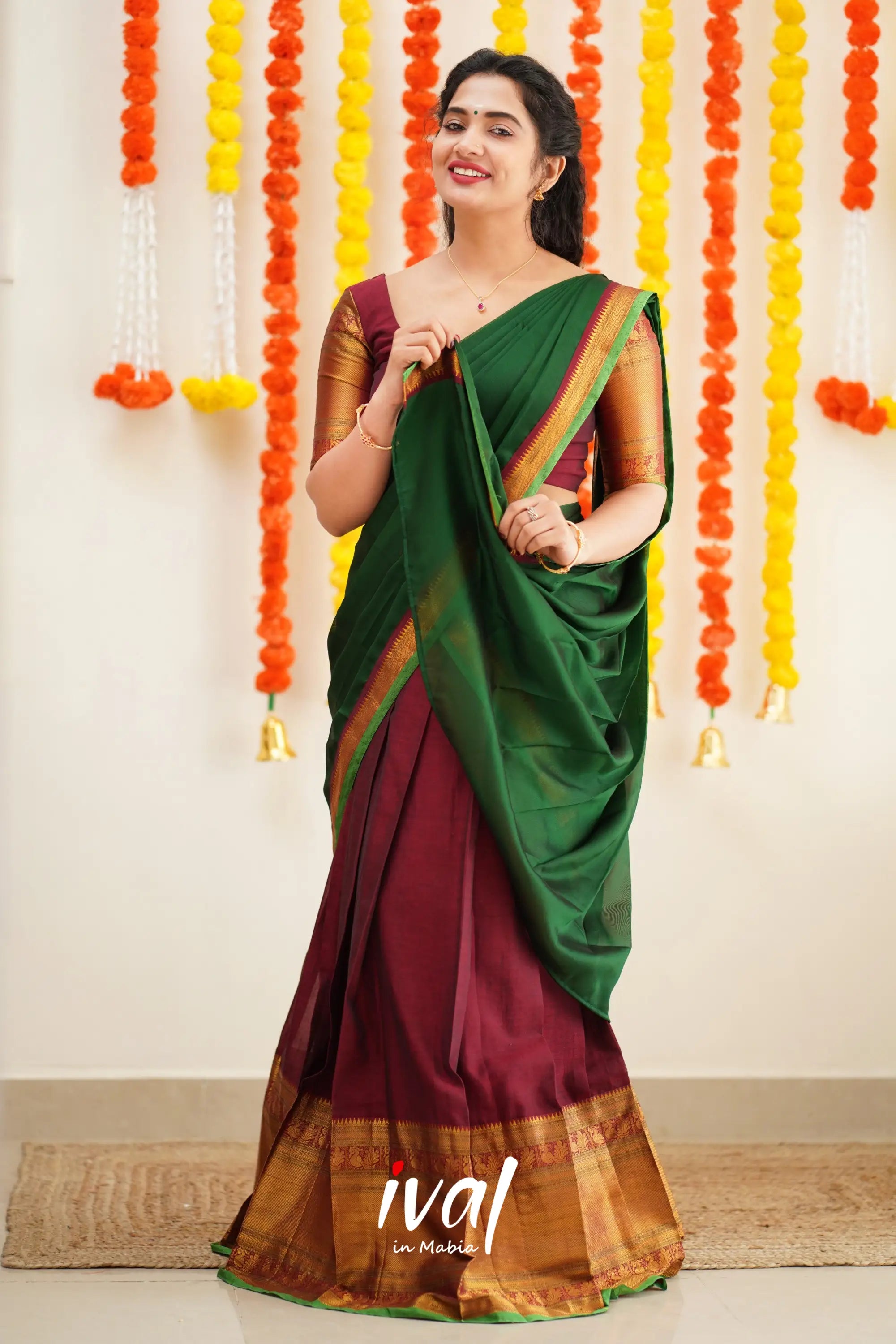 Saatvika - Maroon And Bottle Green Cotton Halfsaree Half Sarees