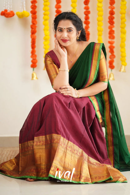 Saatvika - Maroon And Bottle Green Cotton Halfsaree Half Sarees