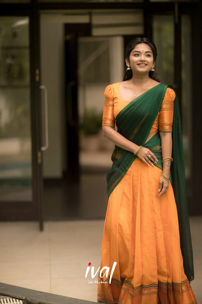 Saatvika - Peachish Orange And Bottle Green Cotton Halfsaree Half Sarees