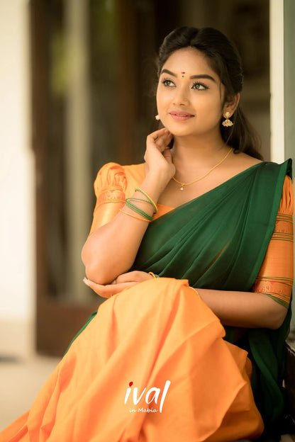 Saatvika - Peachish Orange And Bottle Green Cotton Halfsaree Half Sarees