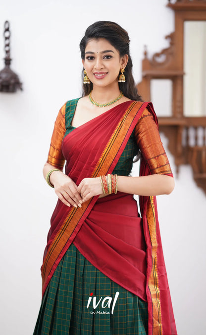 Padmaja - Reddish Maroon Shade And Dark Green Tone Cotton Halfsaree Half Sarees