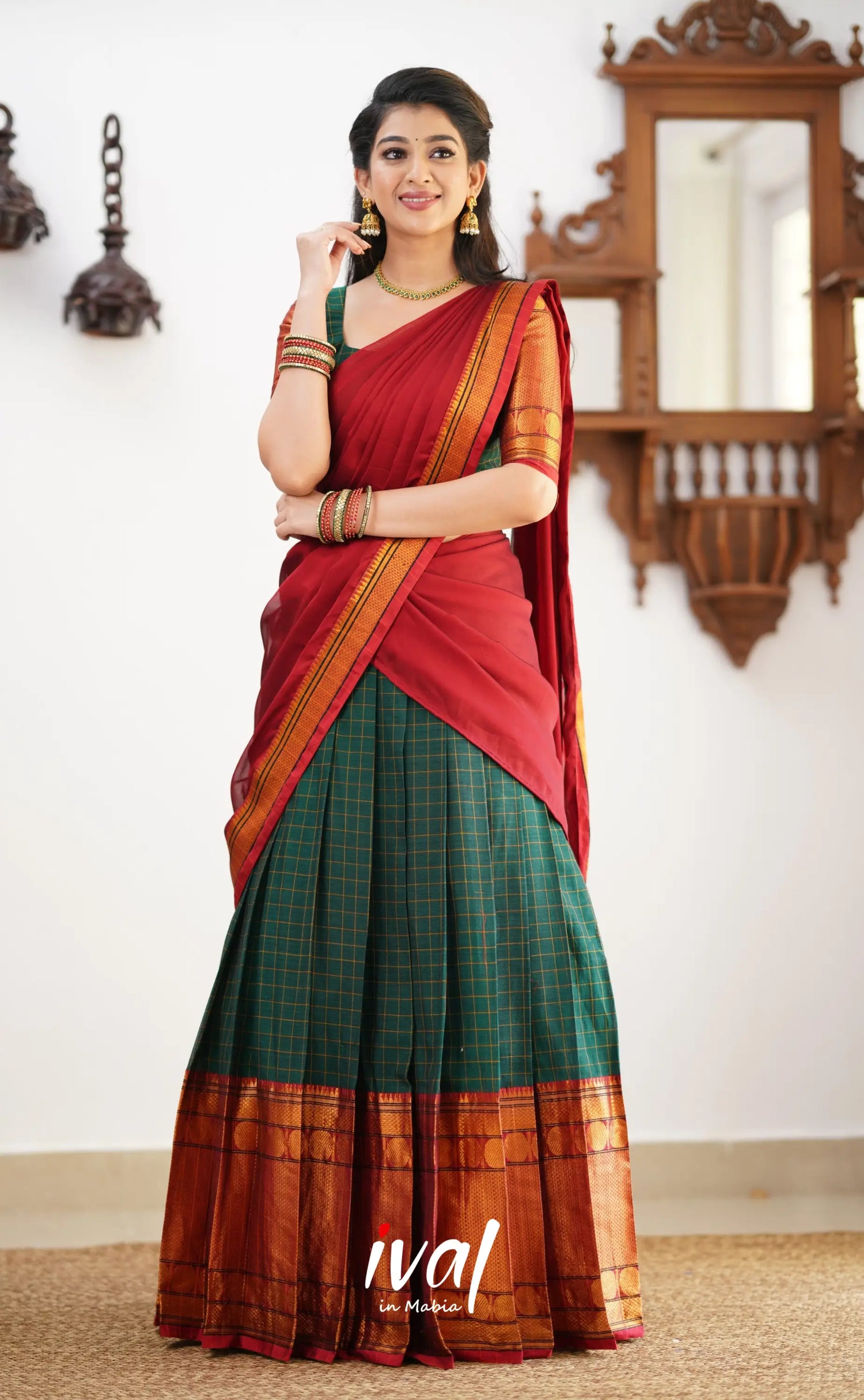 Padmaja - Reddish Maroon Shade And Dark Green Tone Cotton Halfsaree Half Sarees