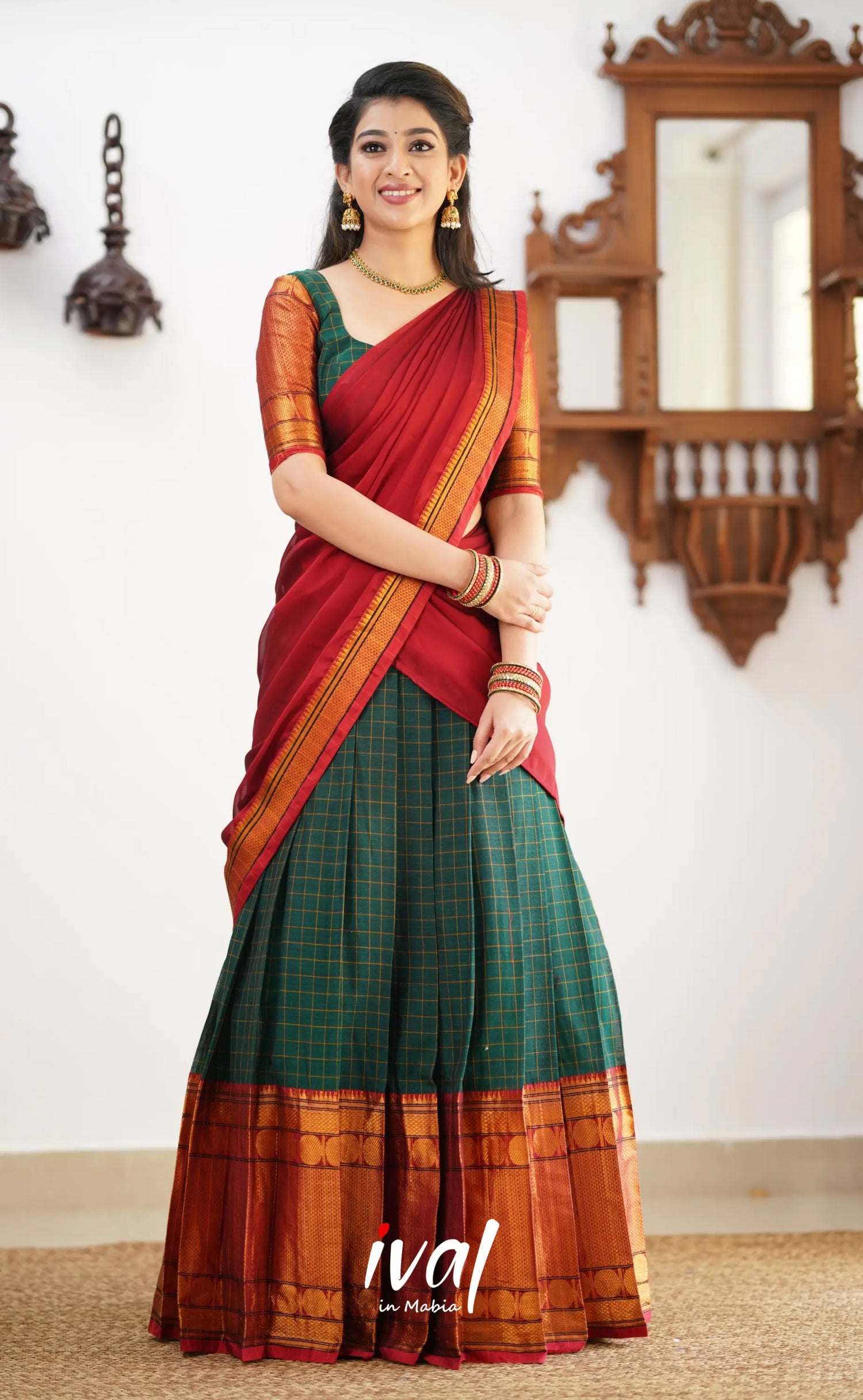 Padmaja - Reddish Maroon Shade And Dark Green Tone Cotton Halfsaree Half Sarees