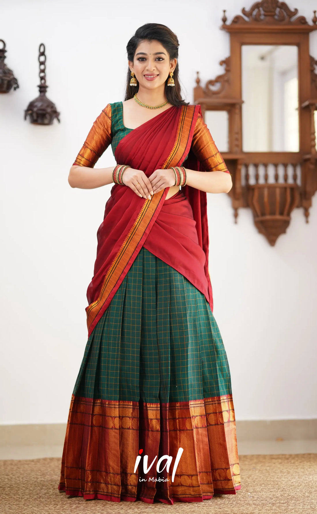 Padmaja - Reddish Maroon Shade And Dark Green Tone Cotton Halfsaree Half Sarees