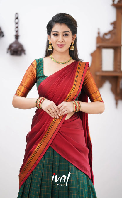 Padmaja - Reddish Maroon Shade And Dark Green Tone Cotton Halfsaree Half Sarees