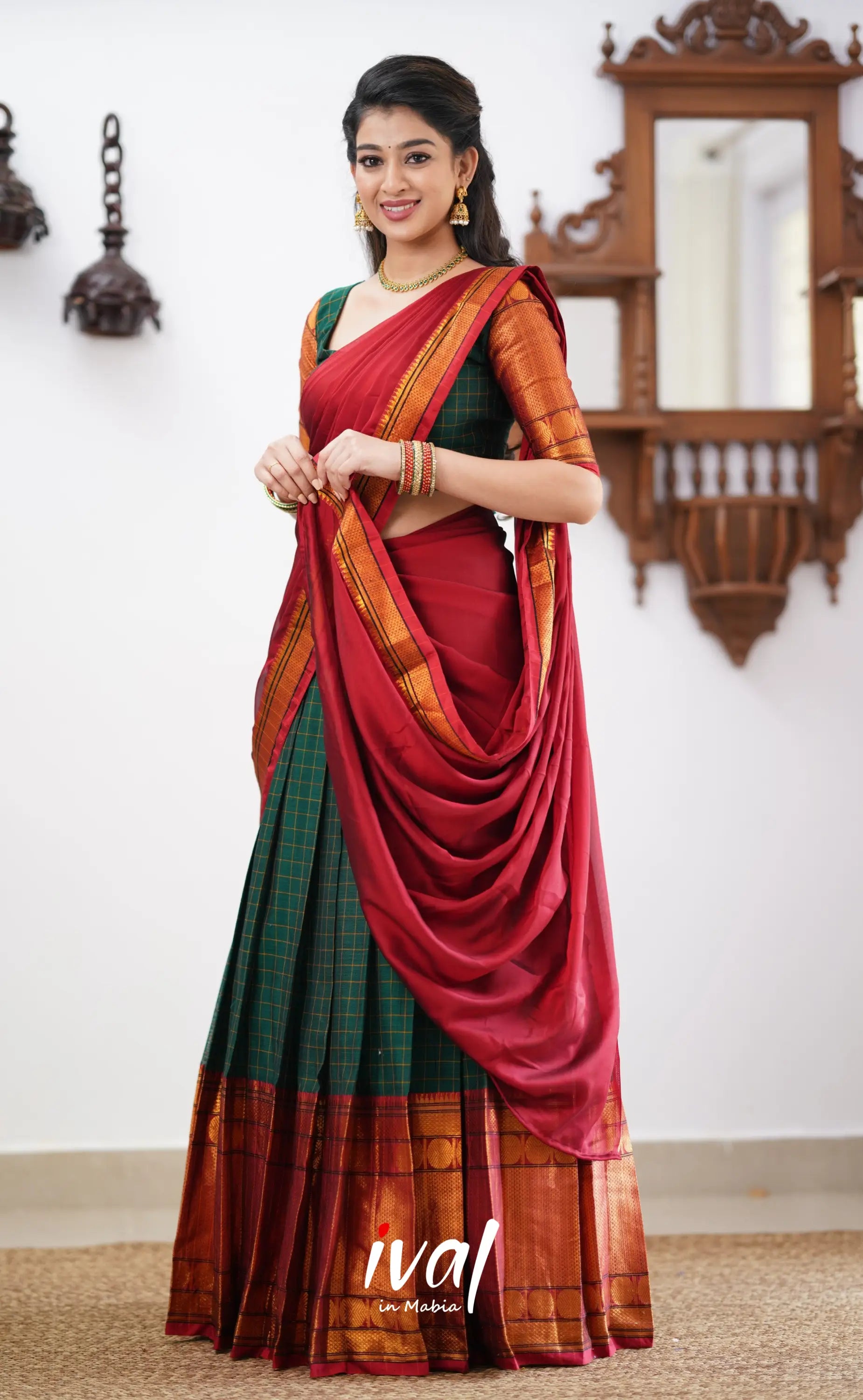 Padmaja - Reddish Maroon Shade And Dark Green Tone Cotton Halfsaree Half Sarees