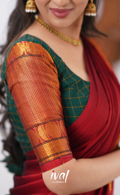 Padmaja - Reddish Maroon Shade And Dark Green Tone Cotton Halfsaree Half Sarees