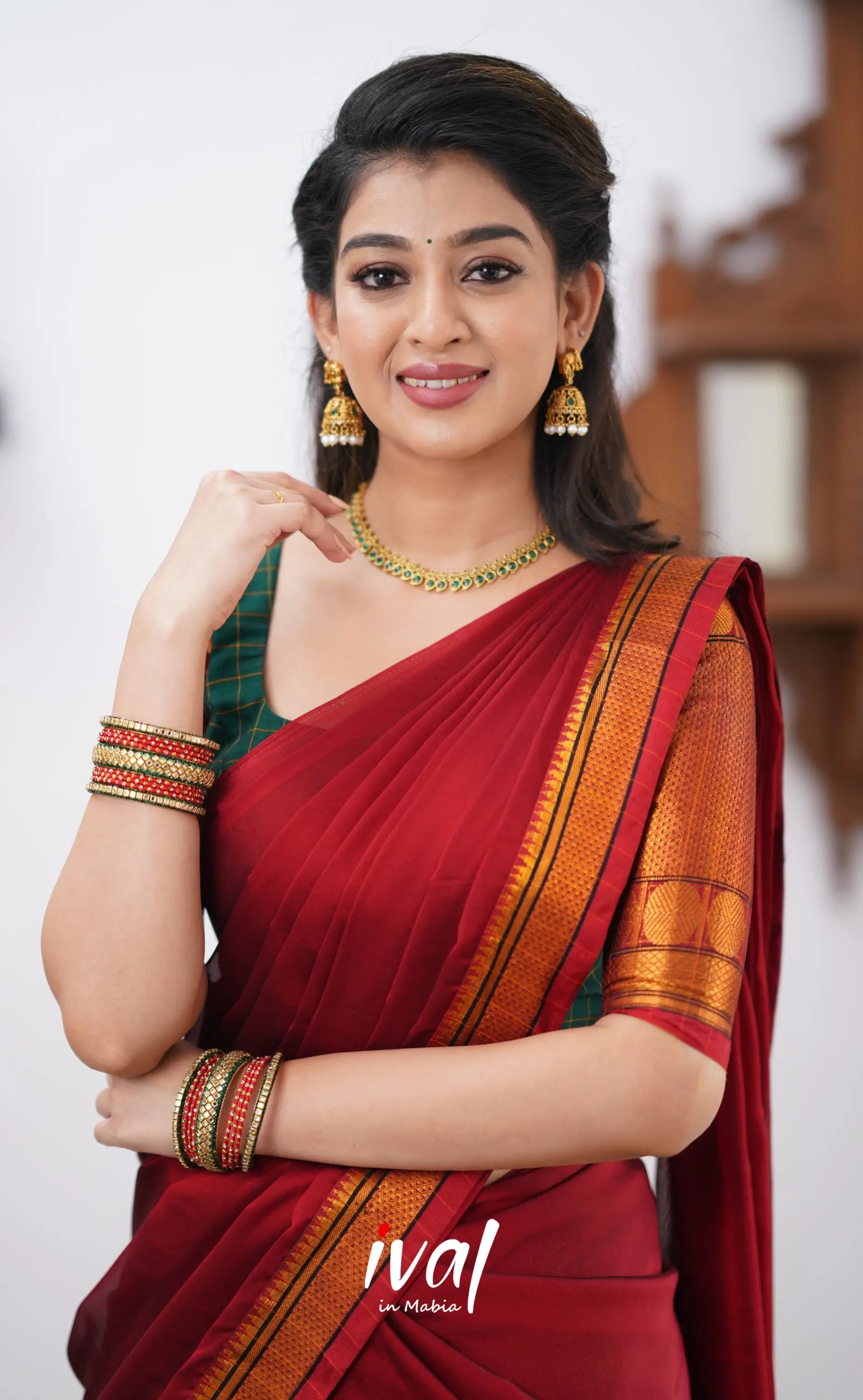 Padmaja - Reddish Maroon Shade And Dark Green Tone Cotton Halfsaree Half Sarees