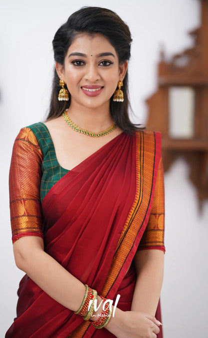 Padmaja - Reddish Maroon Shade And Dark Green Tone Cotton Halfsaree Half Sarees