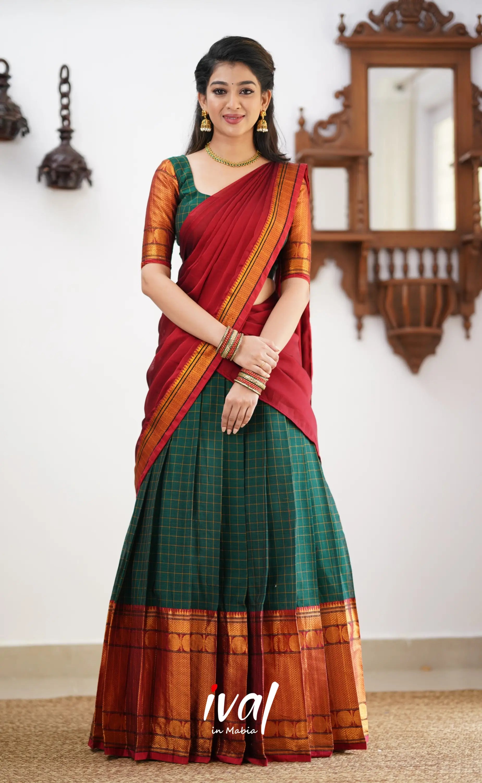 Padmaja - Reddish Maroon Shade And Dark Green Tone Cotton Halfsaree Half Sarees