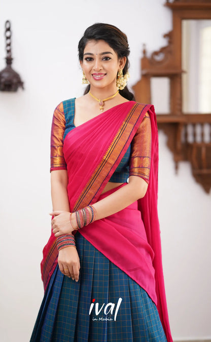 Padmaja - Shade Of Peacock Blue And Pink Tone Cotton Halfsaree Half Sarees