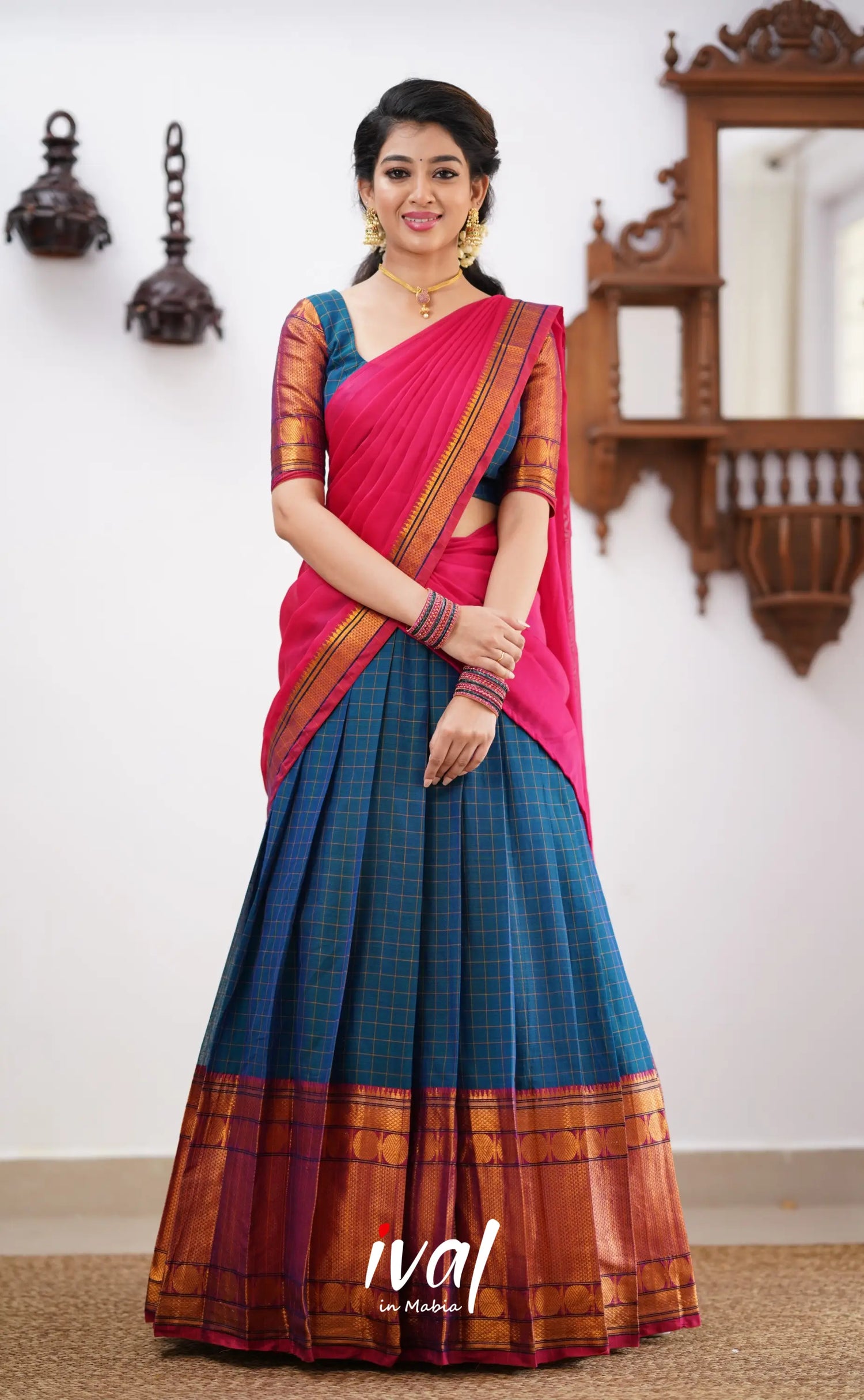 Padmaja - Shade Of Peacock Blue And Pink Tone Cotton Halfsaree Half Sarees