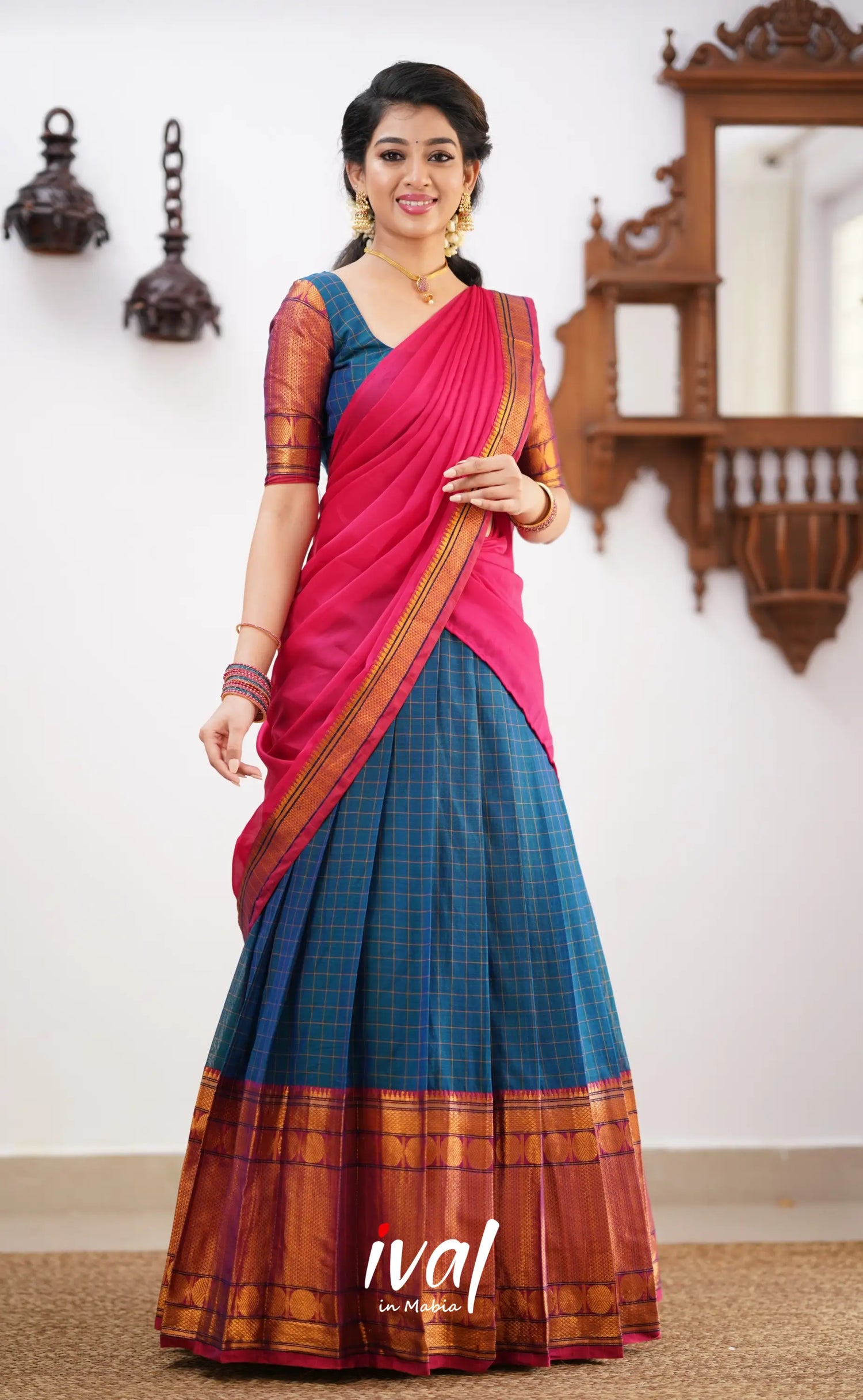 Padmaja - Shade Of Peacock Blue And Pink Tone Cotton Halfsaree Half Sarees