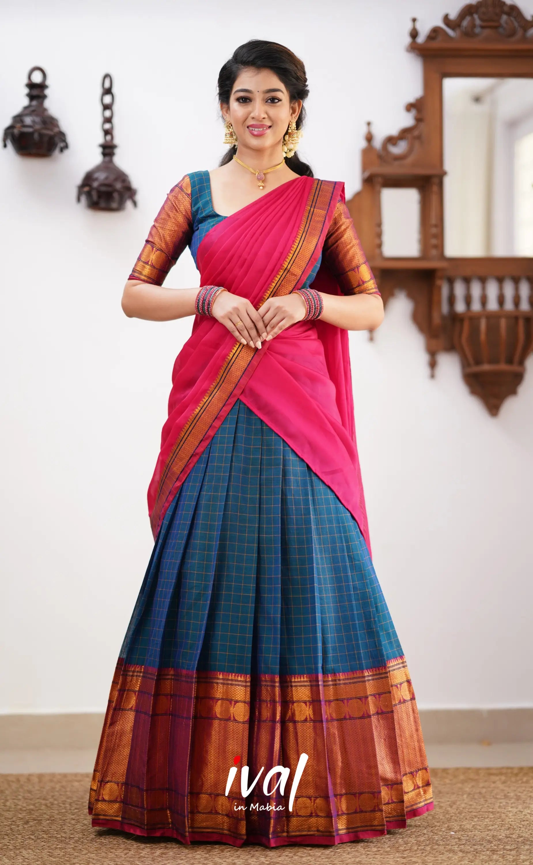 Padmaja - Shade Of Peacock Blue And Pink Tone Cotton Halfsaree Half Sarees