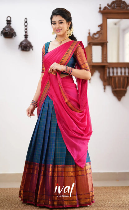 Padmaja - Shade Of Peacock Blue And Pink Tone Cotton Halfsaree Half Sarees