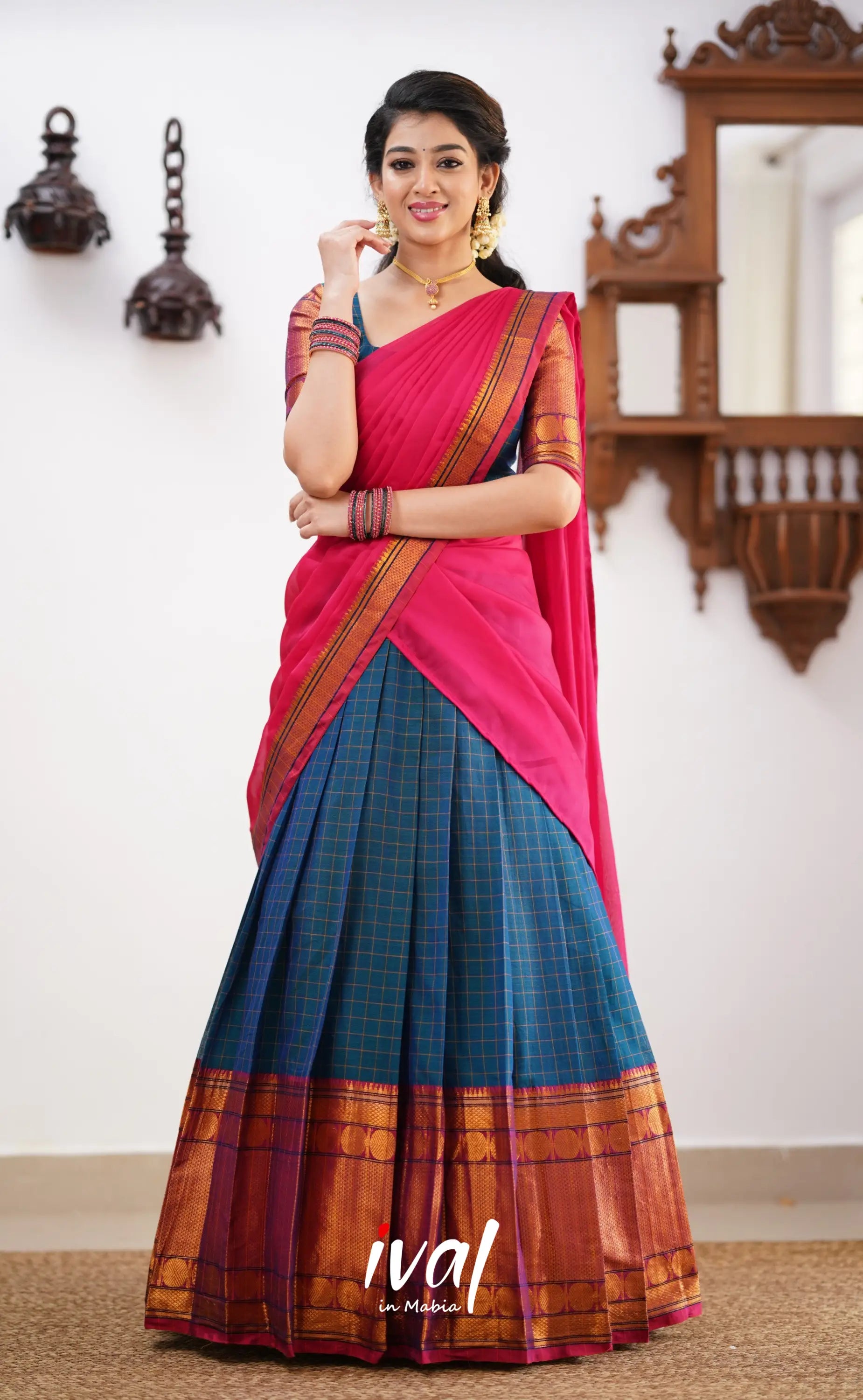 Padmaja - Shade Of Peacock Blue And Pink Tone Cotton Halfsaree Half Sarees