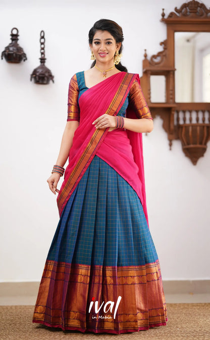 Padmaja - Shade Of Peacock Blue And Pink Tone Cotton Halfsaree Half Sarees