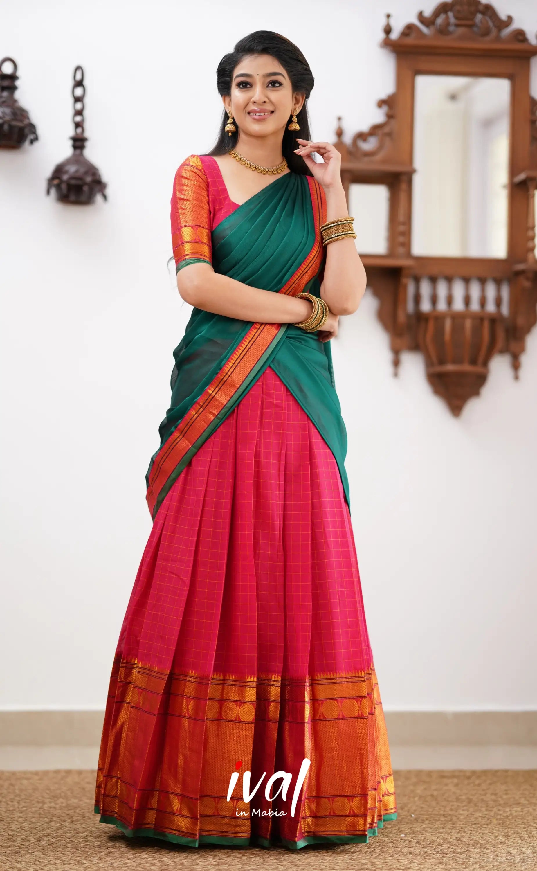 Padmaja - Shade Of Red And Green Tone Cotton Halfsaree Half Sarees