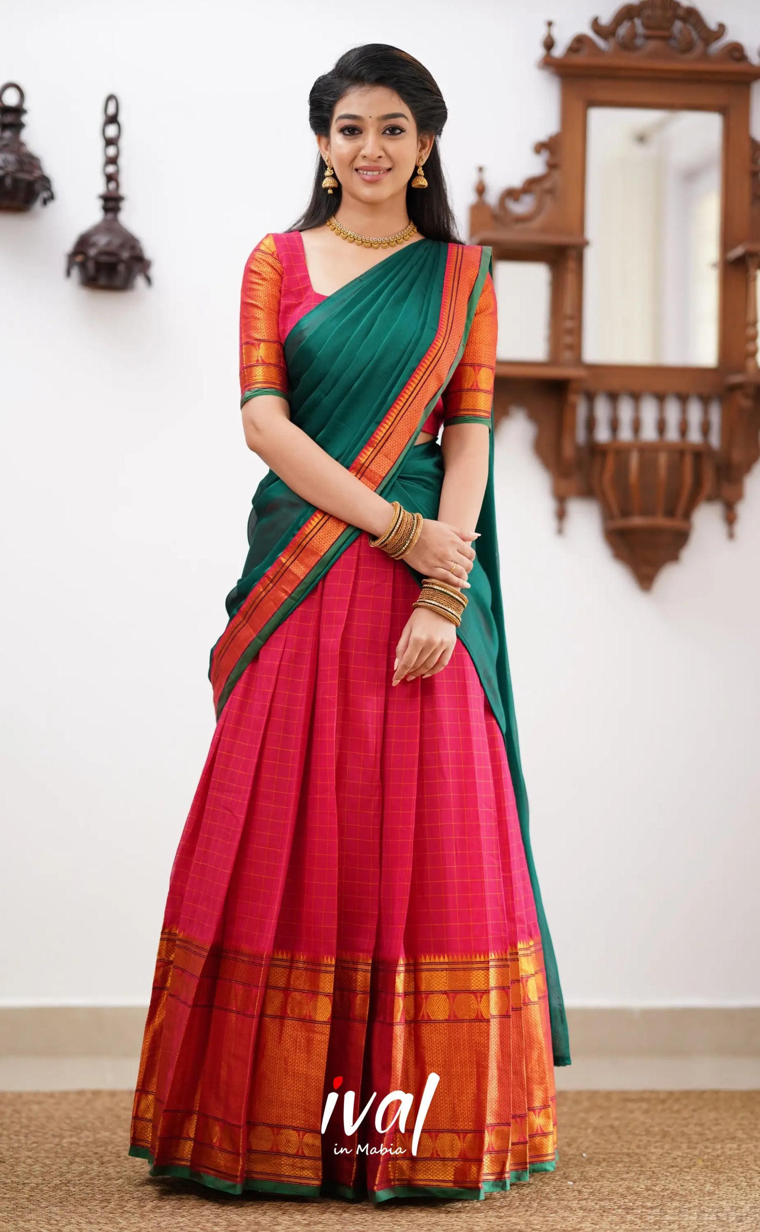 Saatvika Shade of Red and Green tone Cotton Halfsaree