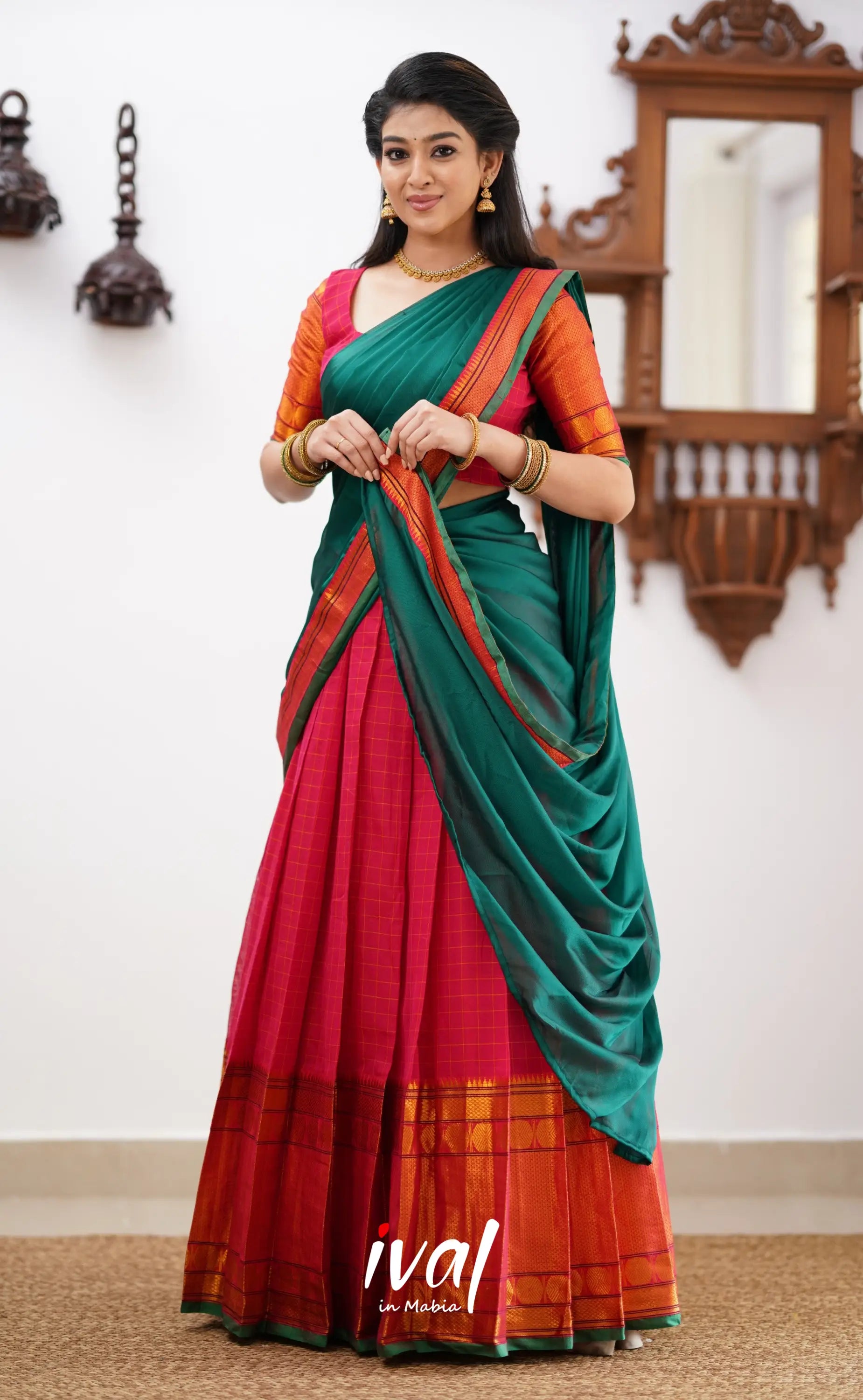 Padmaja - Shade Of Red And Green Tone Cotton Halfsaree Half Sarees