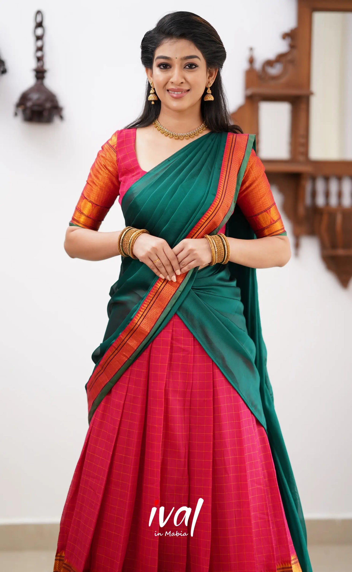 Padmaja - Shade Of Red And Green Tone Cotton Halfsaree Half Sarees