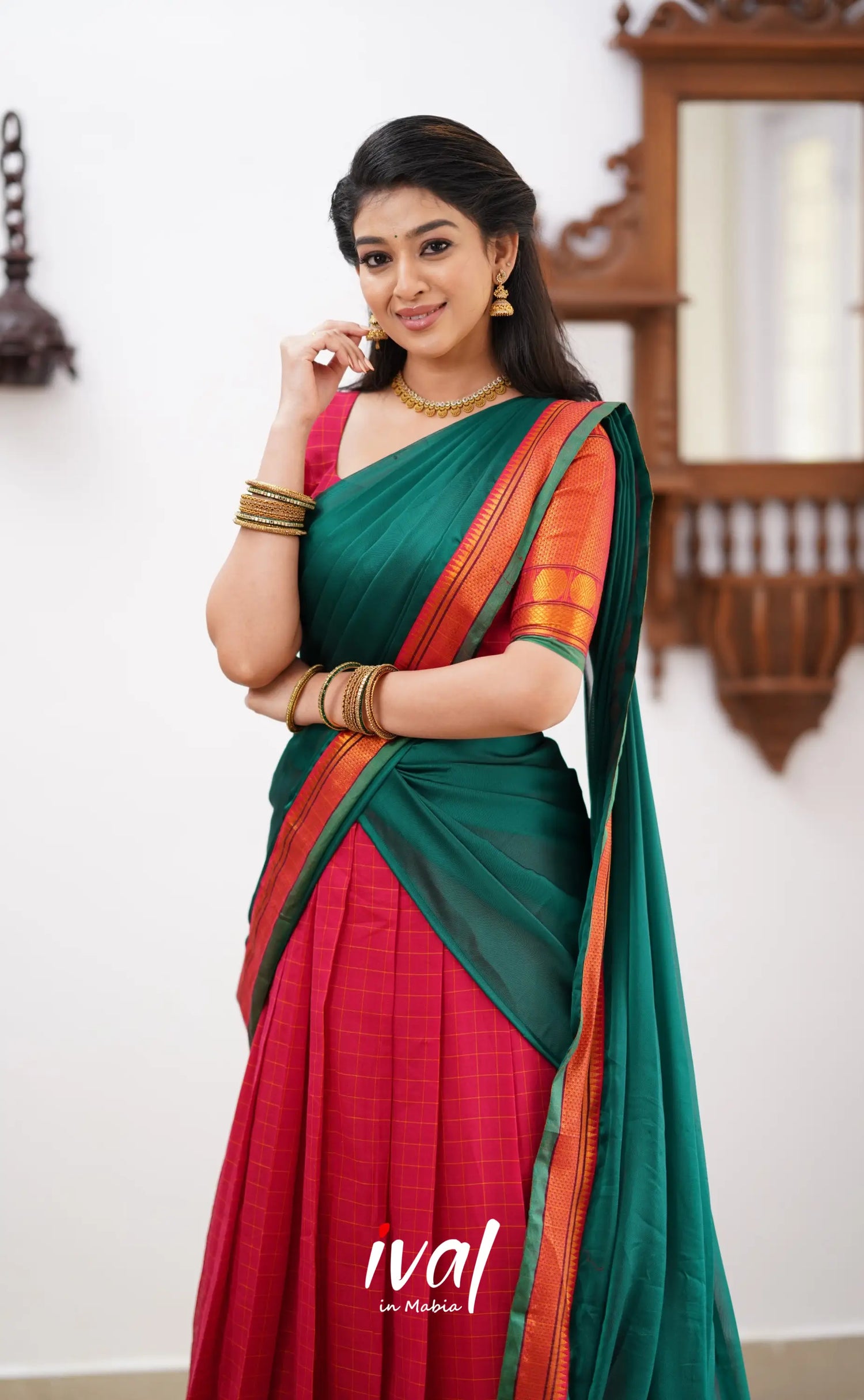 Padmaja - Shade Of Red And Green Tone Cotton Halfsaree Half Sarees