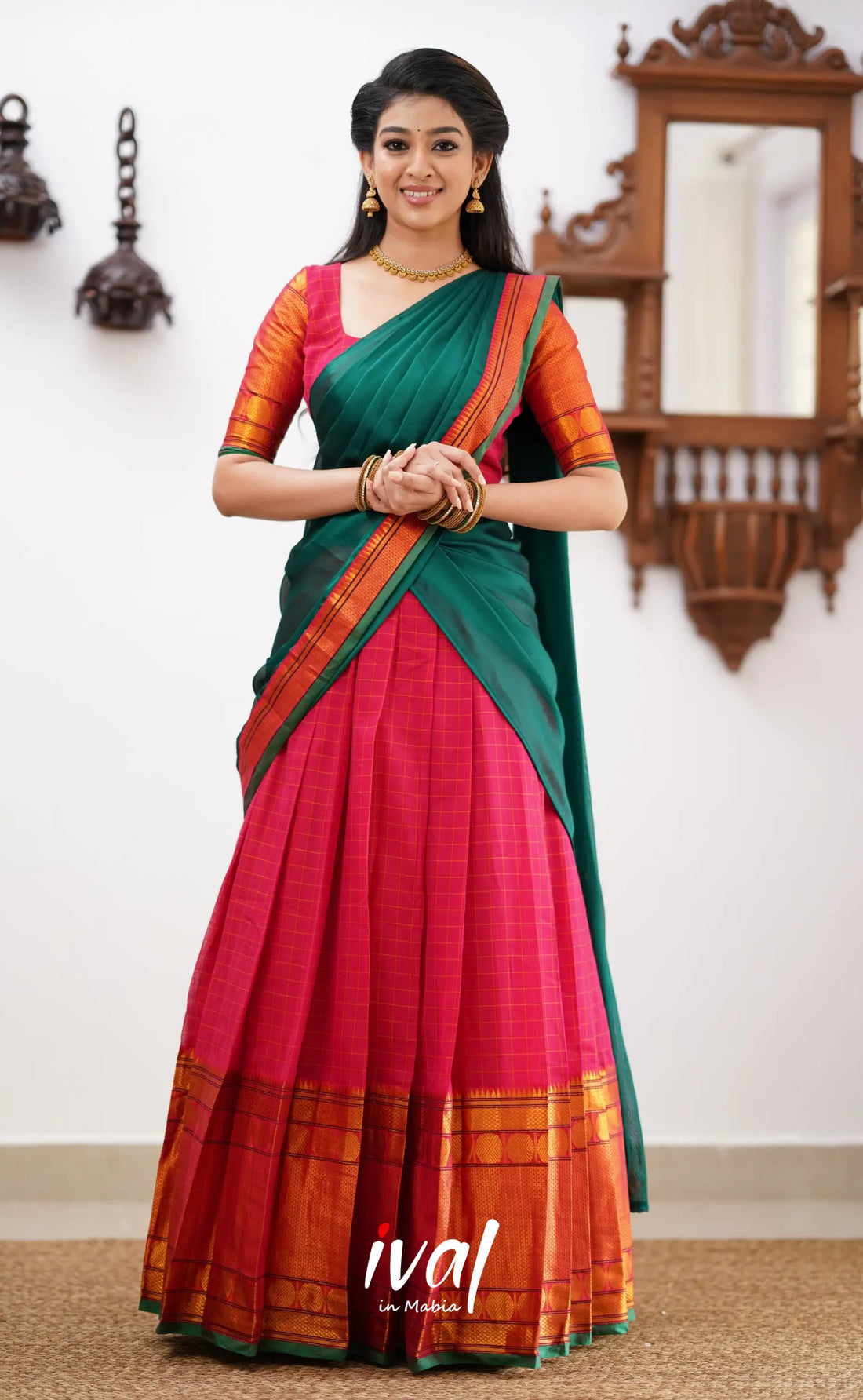 Padmaja - Shade Of Red And Green Tone Cotton Halfsaree Half Sarees