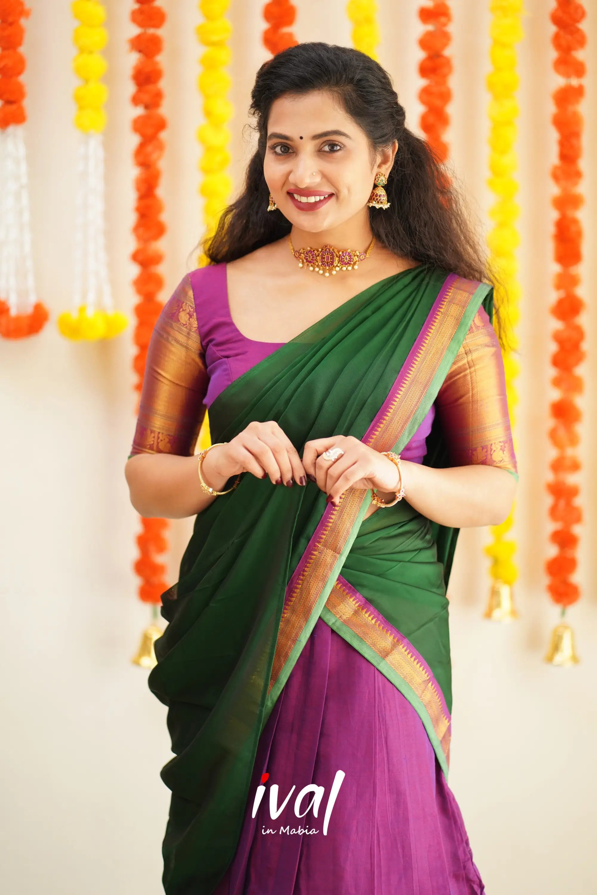 Saatvika - Violet And Bottle Green Cotton Halfsaree Half Sarees