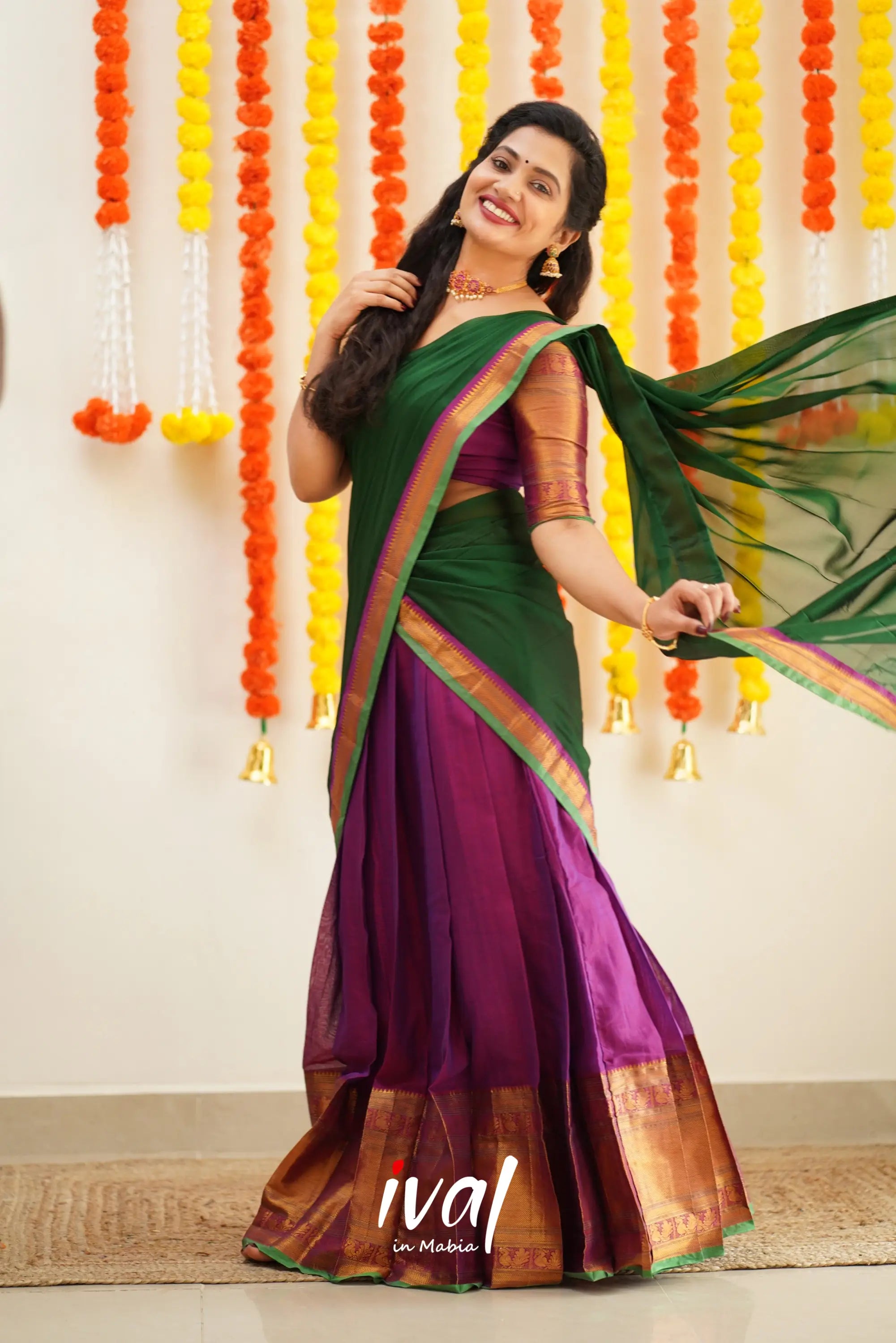 Saatvika - Violet And Bottle Green Cotton Halfsaree Half Sarees