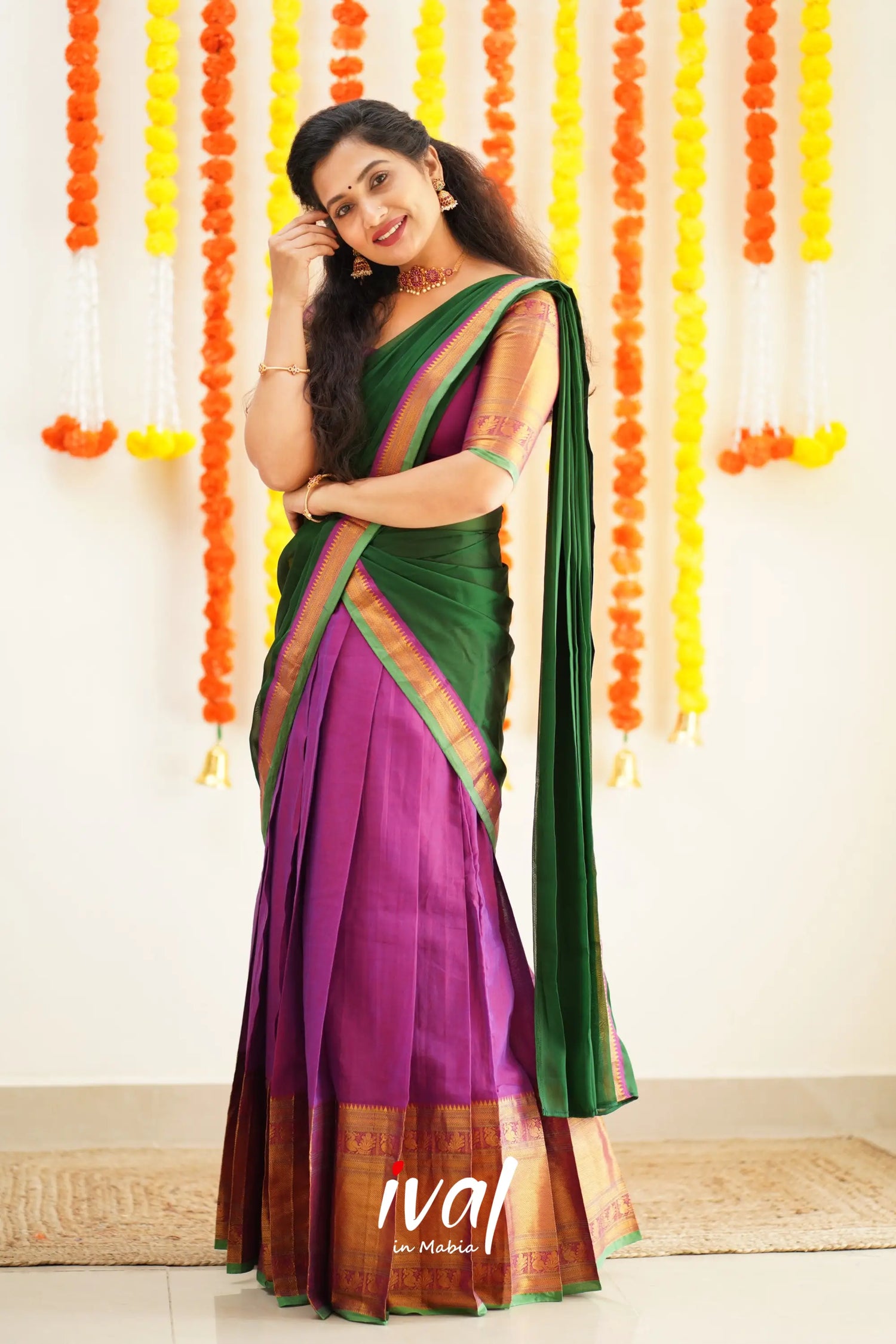 Saatvika - Violet And Bottle Green Cotton Halfsaree Half Sarees