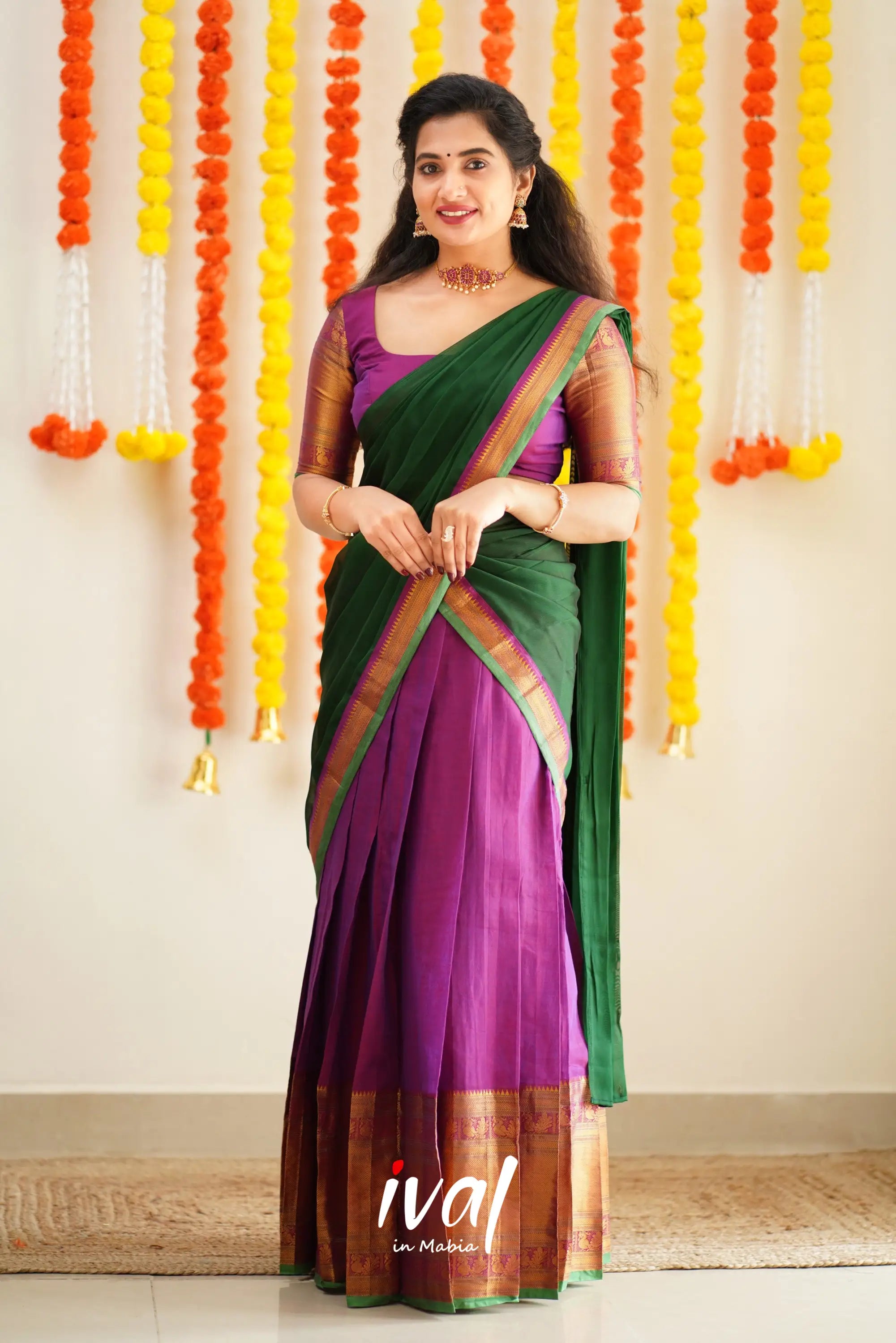 Saatvika - Violet And Bottle Green Cotton Halfsaree Half Sarees