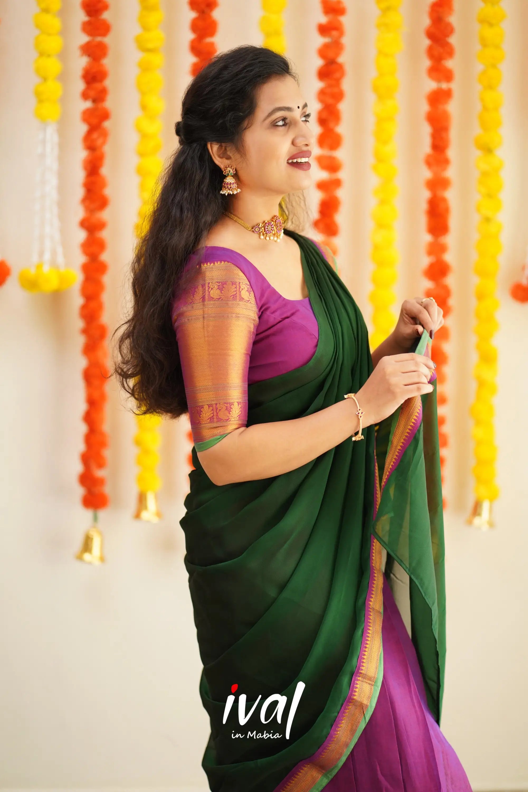 Saatvika - Violet And Bottle Green Cotton Halfsaree Half Sarees